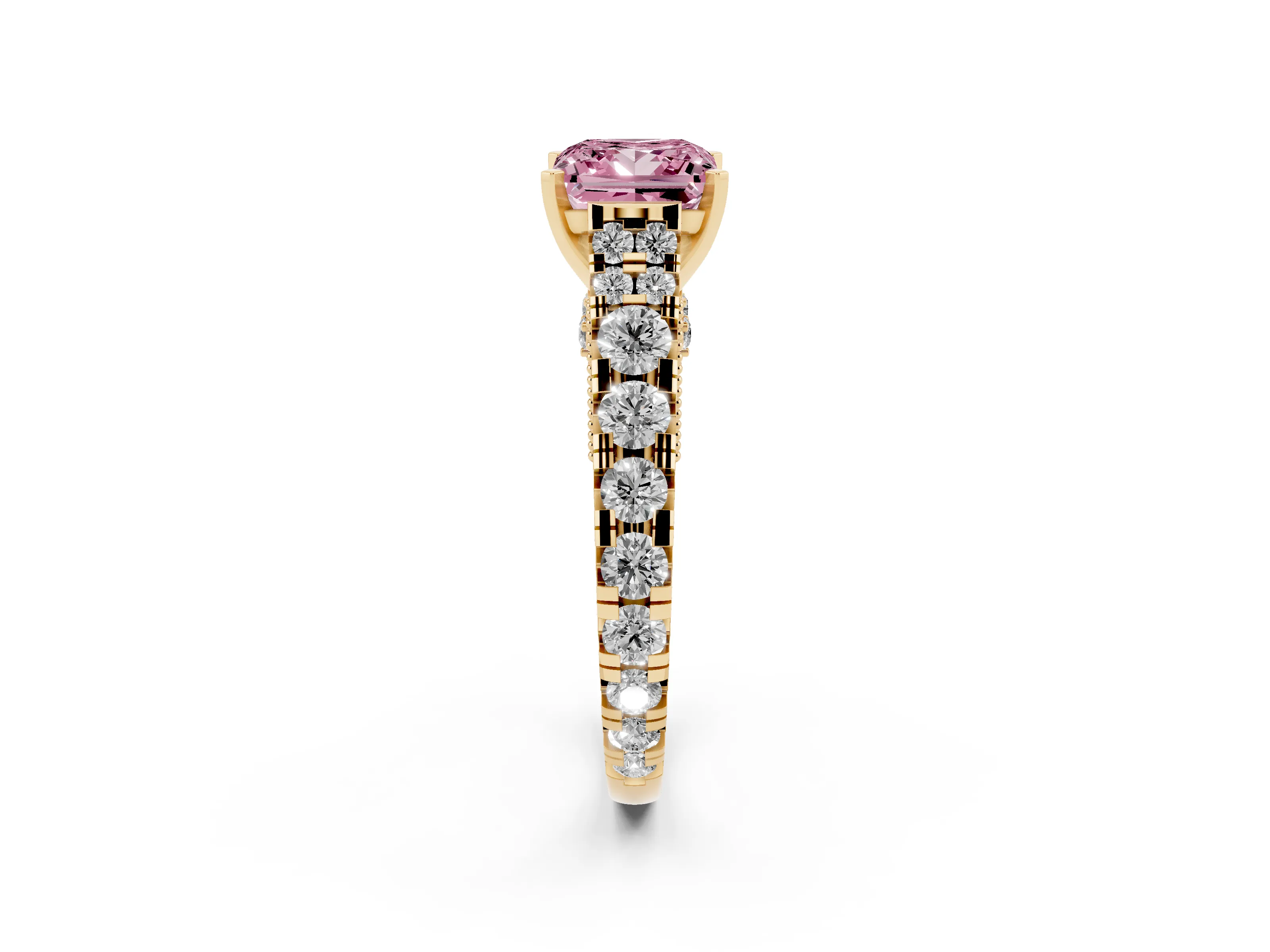 Fancy Pink Princess Cut Diamond Classic Solitaire Ring Set in Yellow gold with Pavé Band and Prong Setting