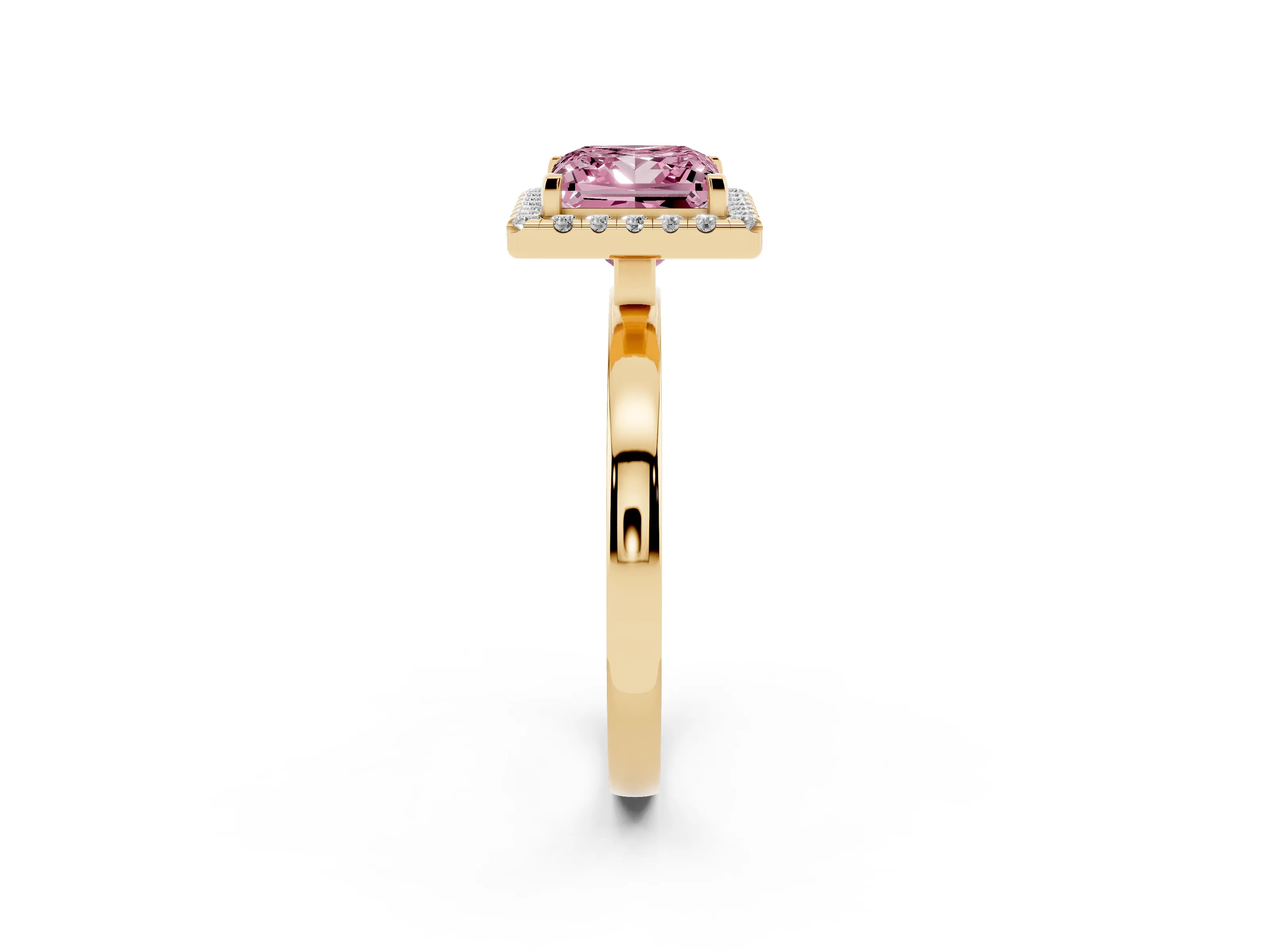 Fancy Pink Princess Cut Diamond Halo Solitaire Ring Set in Yellow gold with Pavé Band and Prong Setting