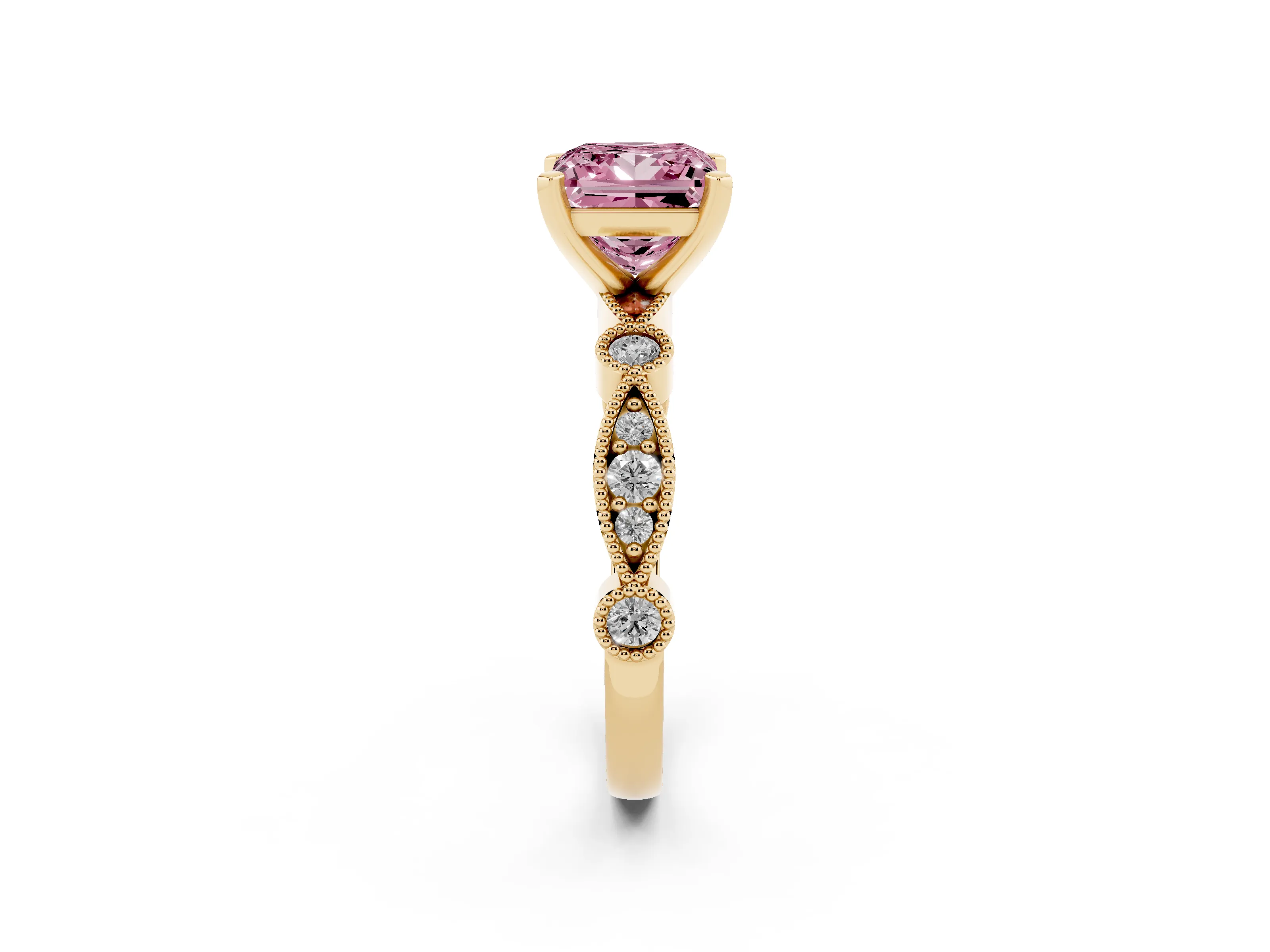Fancy Pink Princess Cut Diamond Solitaire Engagement Ring Set in Yellow gold with Milgrain Bezel Accent Band