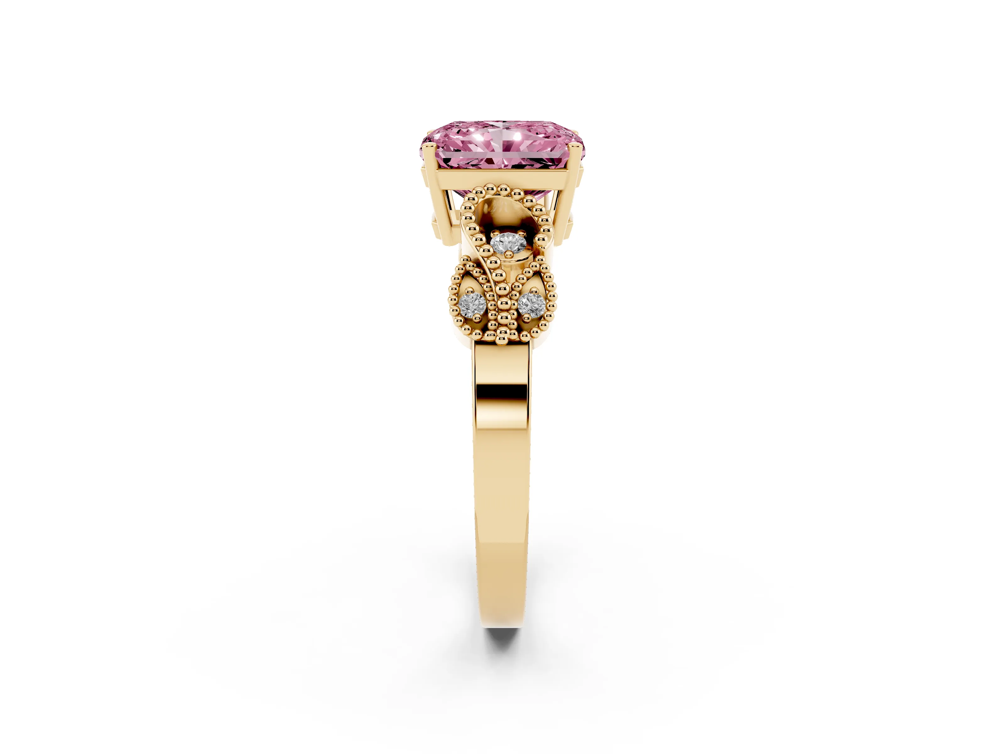 Fancy Pink Princess Cut Diamond Milgrain Leaf Band Solitaire Ring Set in Yellow gold with Accent Stones and Prong Setting