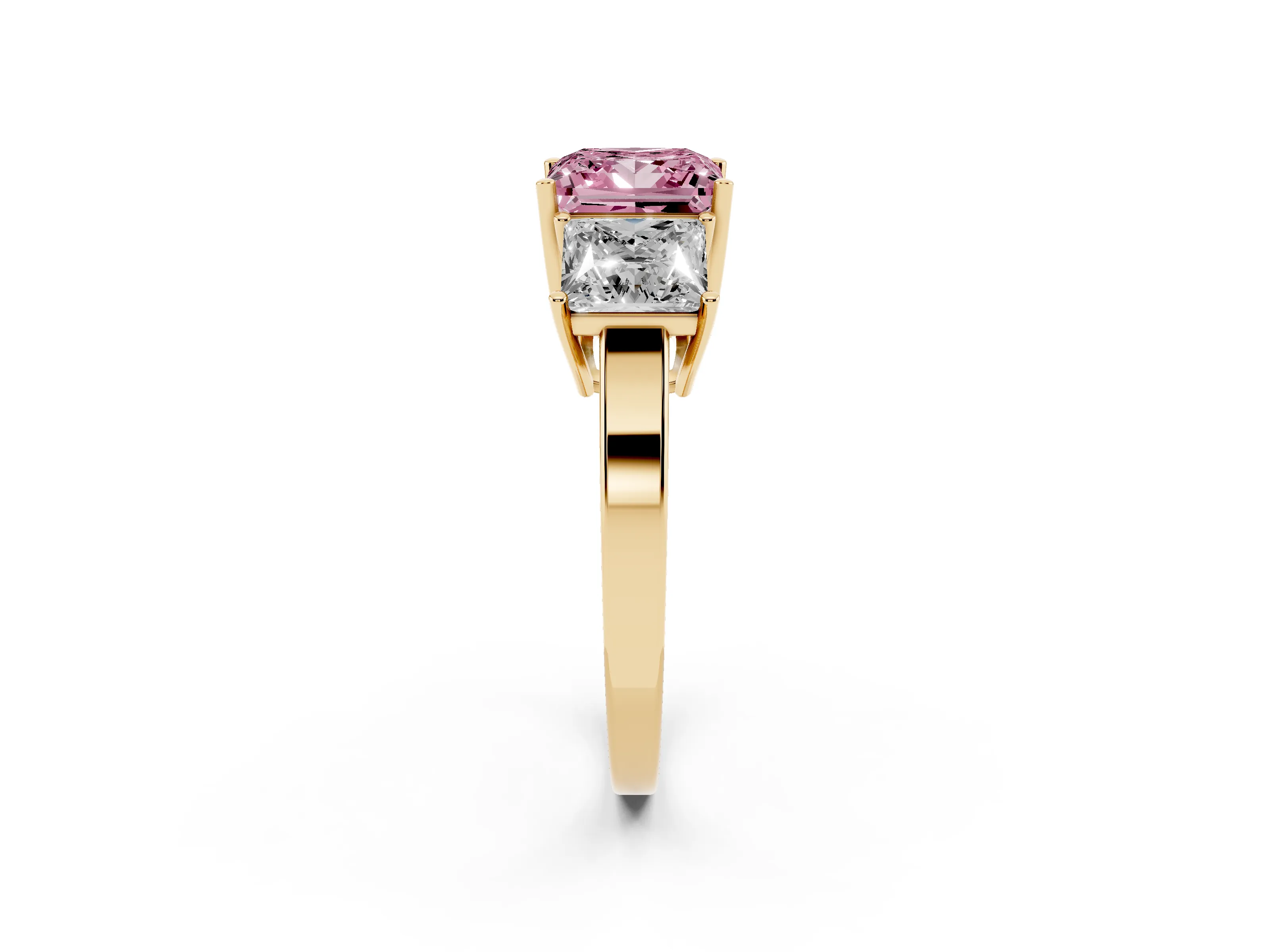 Fancy Pink Princess Cut Diamond Three-Stone Engagement Ring Set in Yellow gold with Flat Band