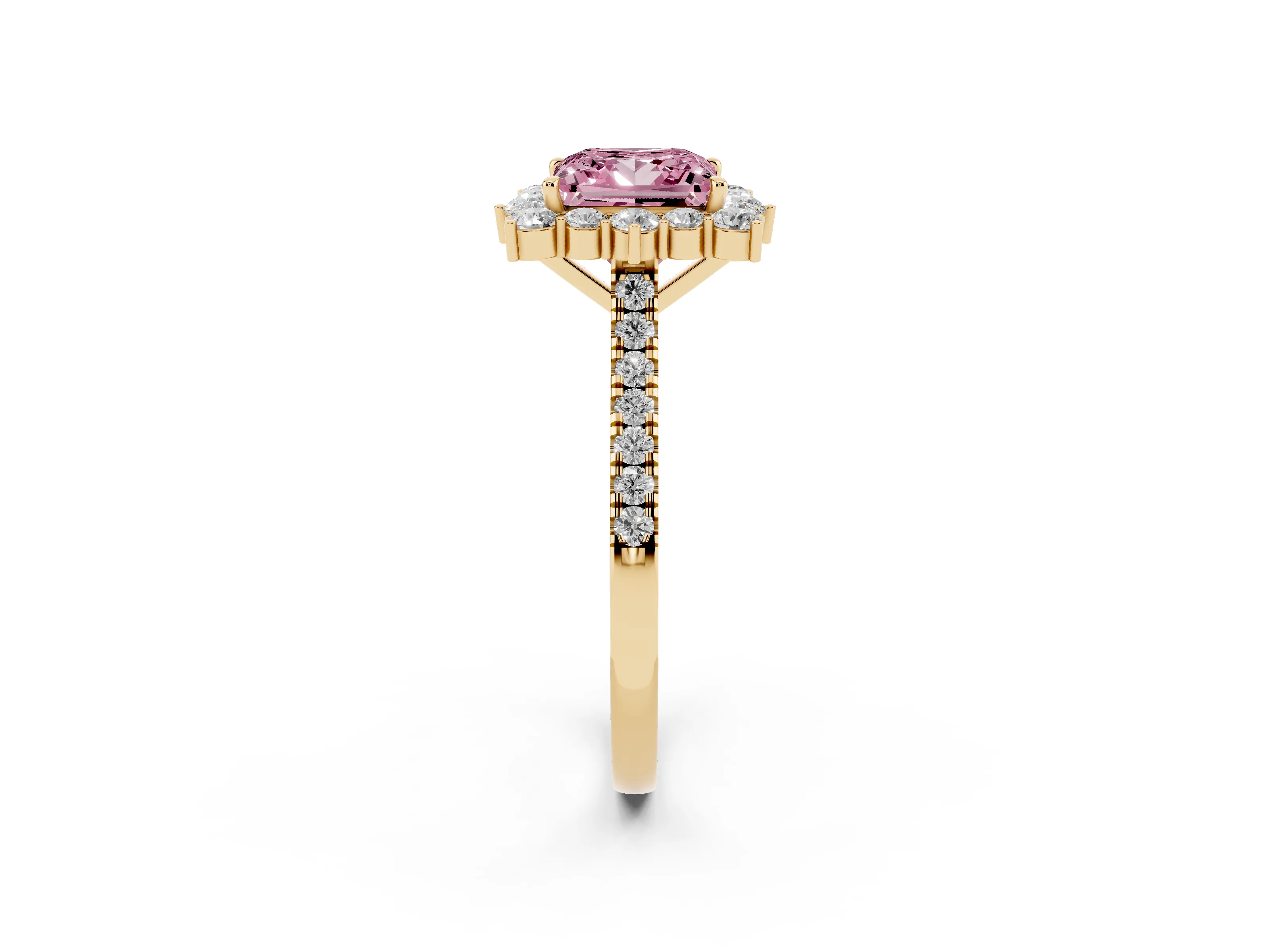 Fancy Pink Princess Cut Diamond Halo Ring Set in Yellow gold with Pavé Band and Prong Setting