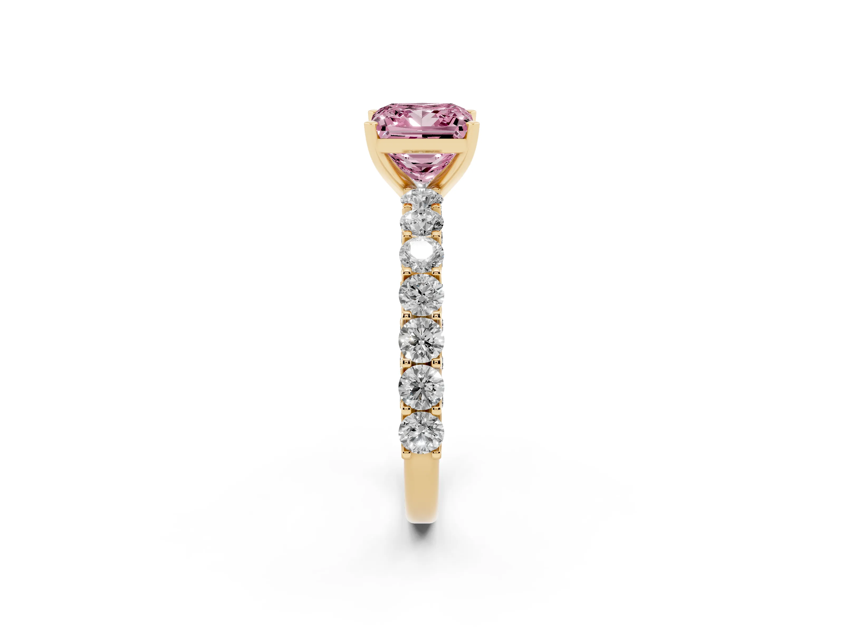 Fancy Pink Princess Cut Diamond Solitaire Ring Set in Yellow gold with Shared Prong Pavé Band