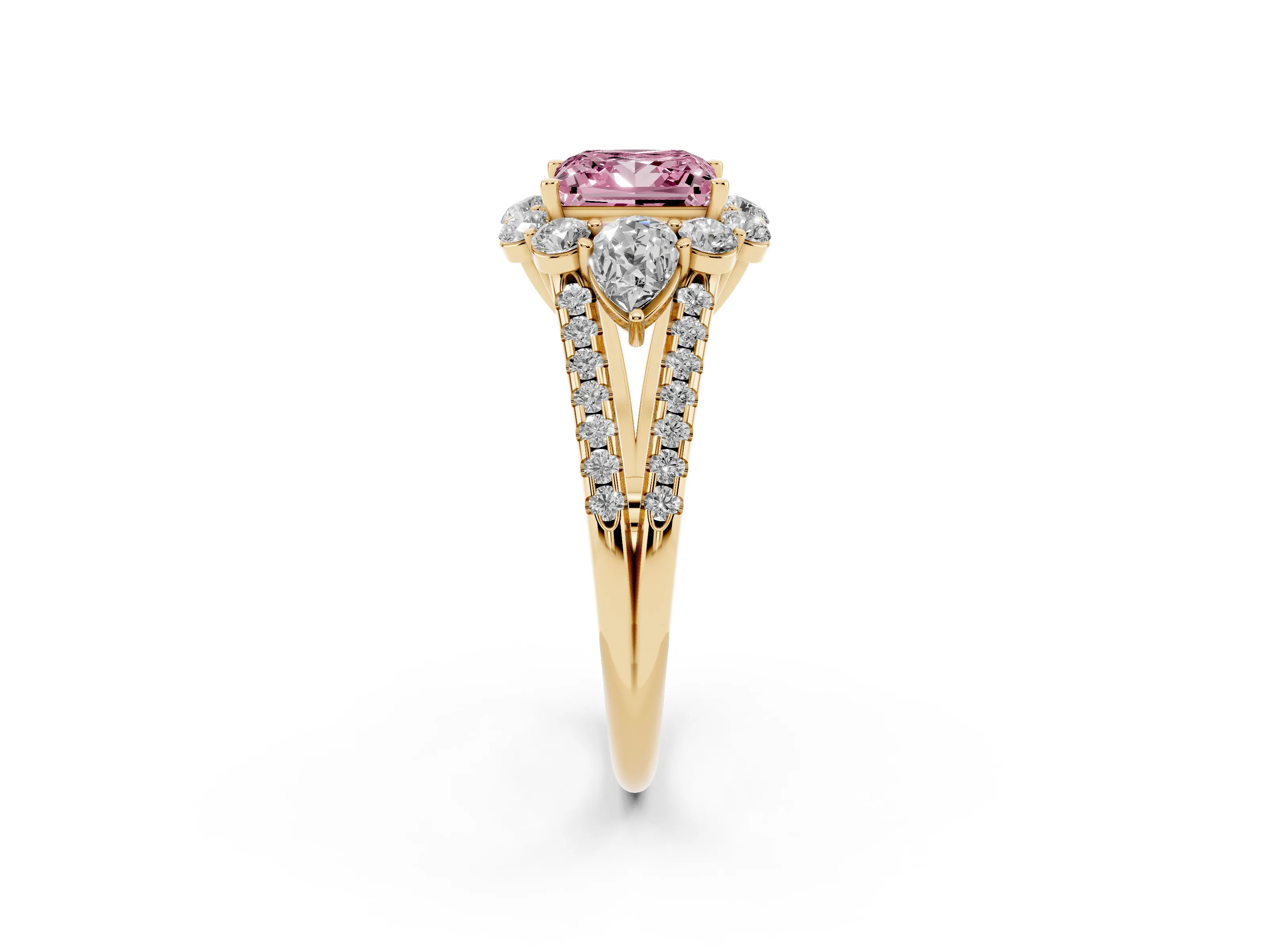 Fancy Pink Princess Cut Diamond Halo Split Shank Engagement Ring Set in Yellow gold with Prong-Held Center Stone