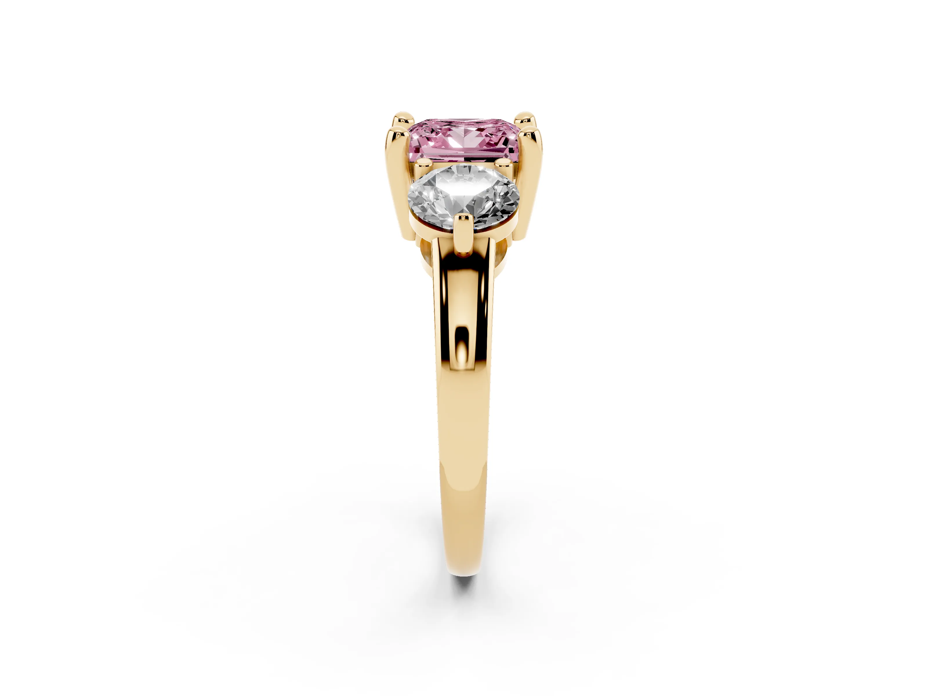 Fancy Pink Princess Cut Diamond Three-Stone Ring Set in Yellow gold with Prong Setting and Classic Band