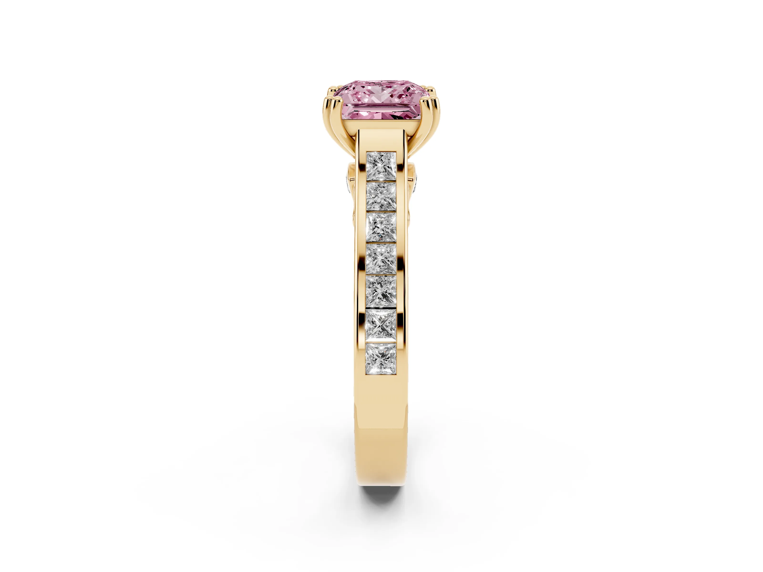 Fancy Pink Princess Cut Diamond Channel Set Solitaire Engagement Ring Set in Yellow gold with Prong Setting