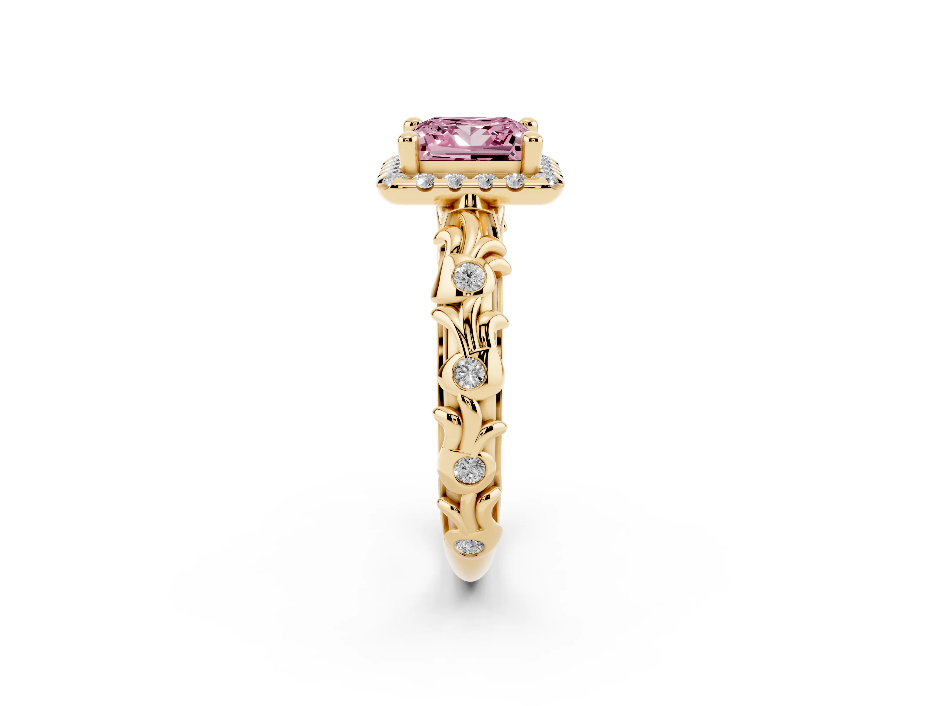 Fancy Pink Princess Cut Diamond Halo Ring Set in Yellow gold with Filigree Leaf Band and Prong Setting