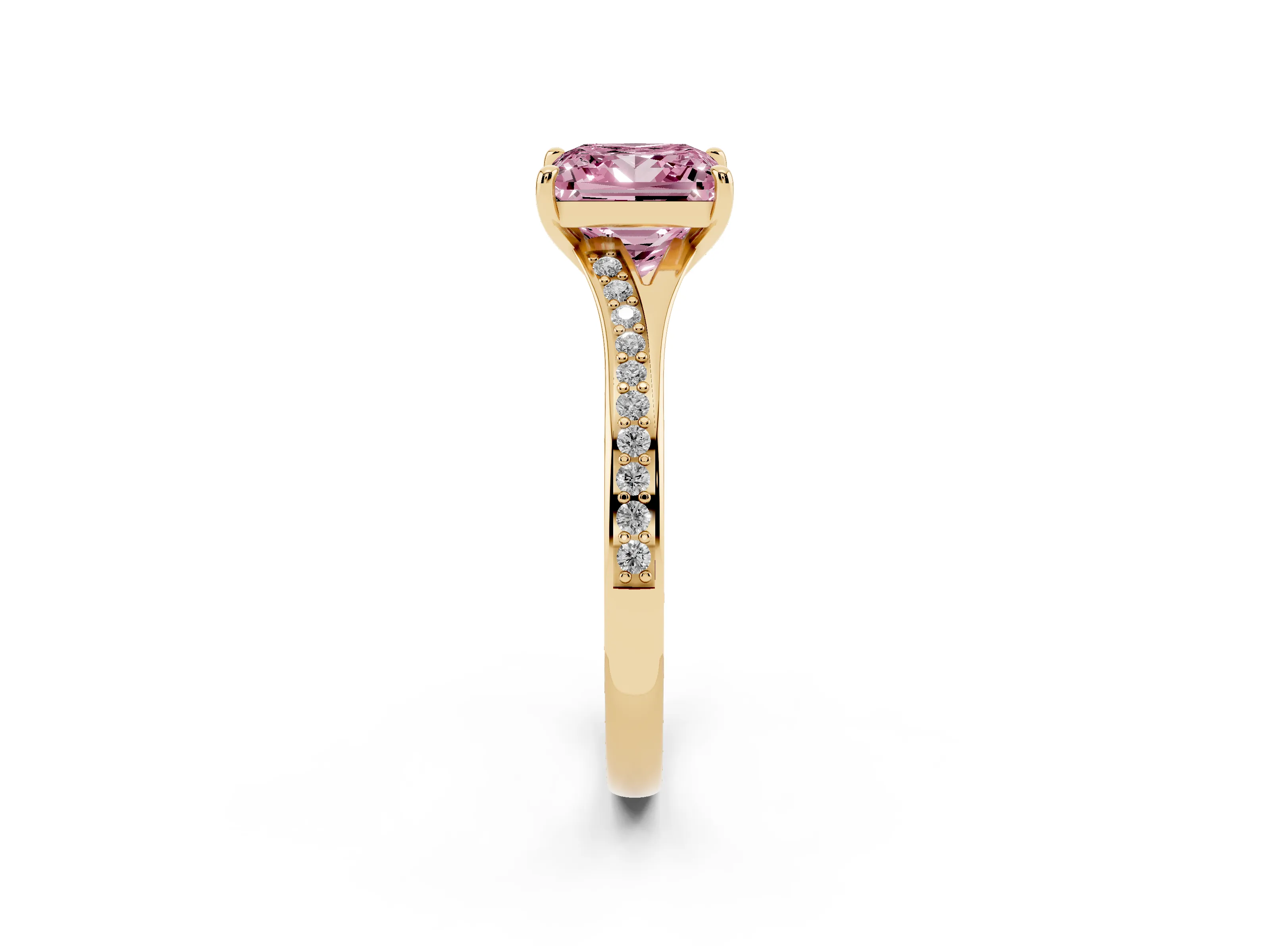 Fancy Pink Princess Cut Diamond Solitaire Ring Set in Yellow gold with Pavé Accent Band and Classic Prong Setting