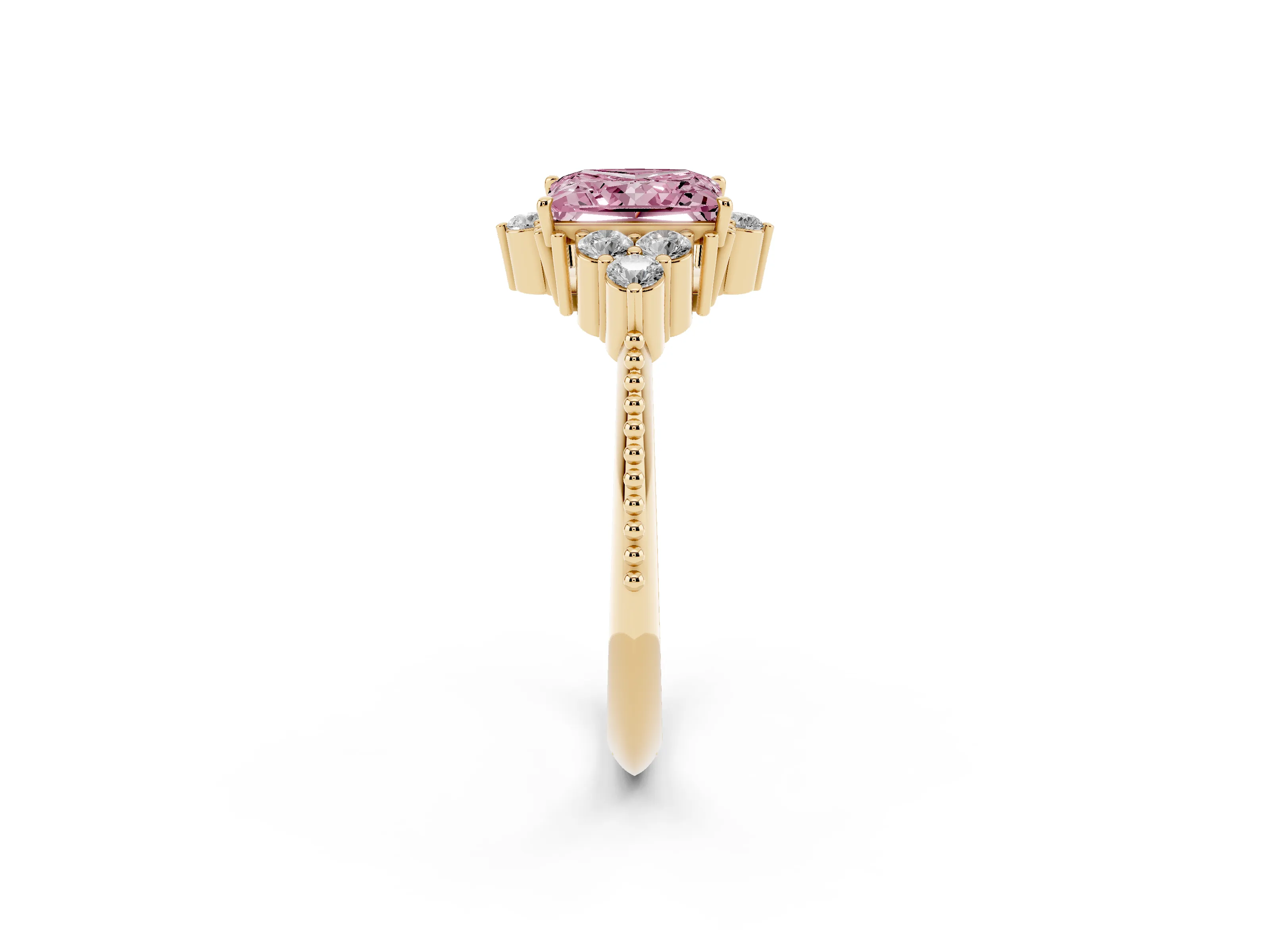 Fancy Pink Princess Cut Diamond Cluster Ring Set in Yellow gold with Beaded Band