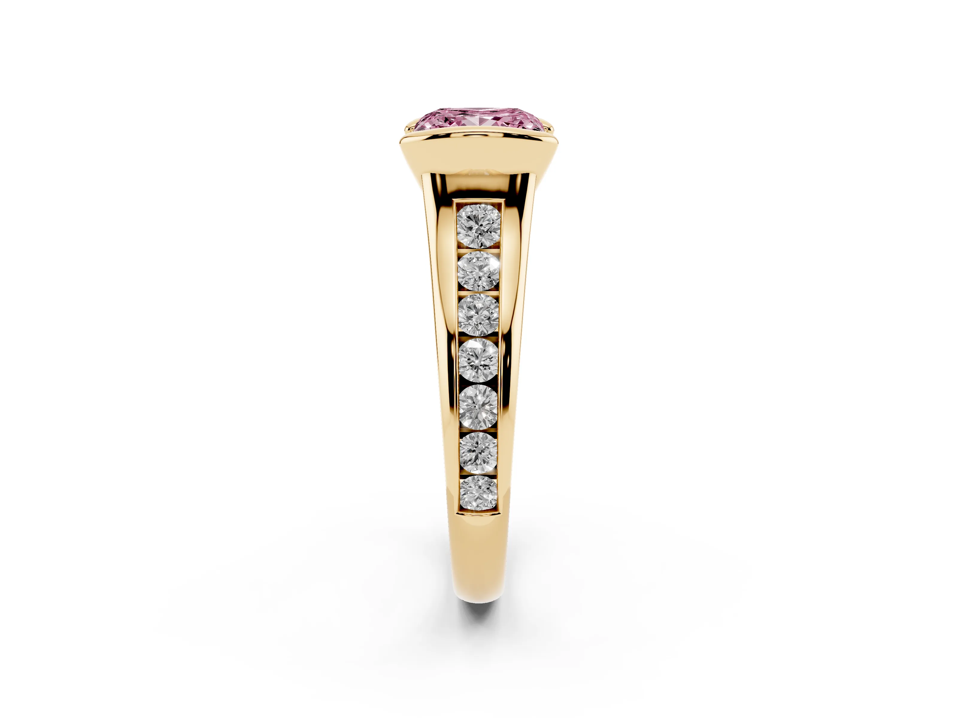 Fancy Pink Princess Cut Diamond Bezel-Set Solitaire Ring Set in Yellow gold with Channel-Set Band