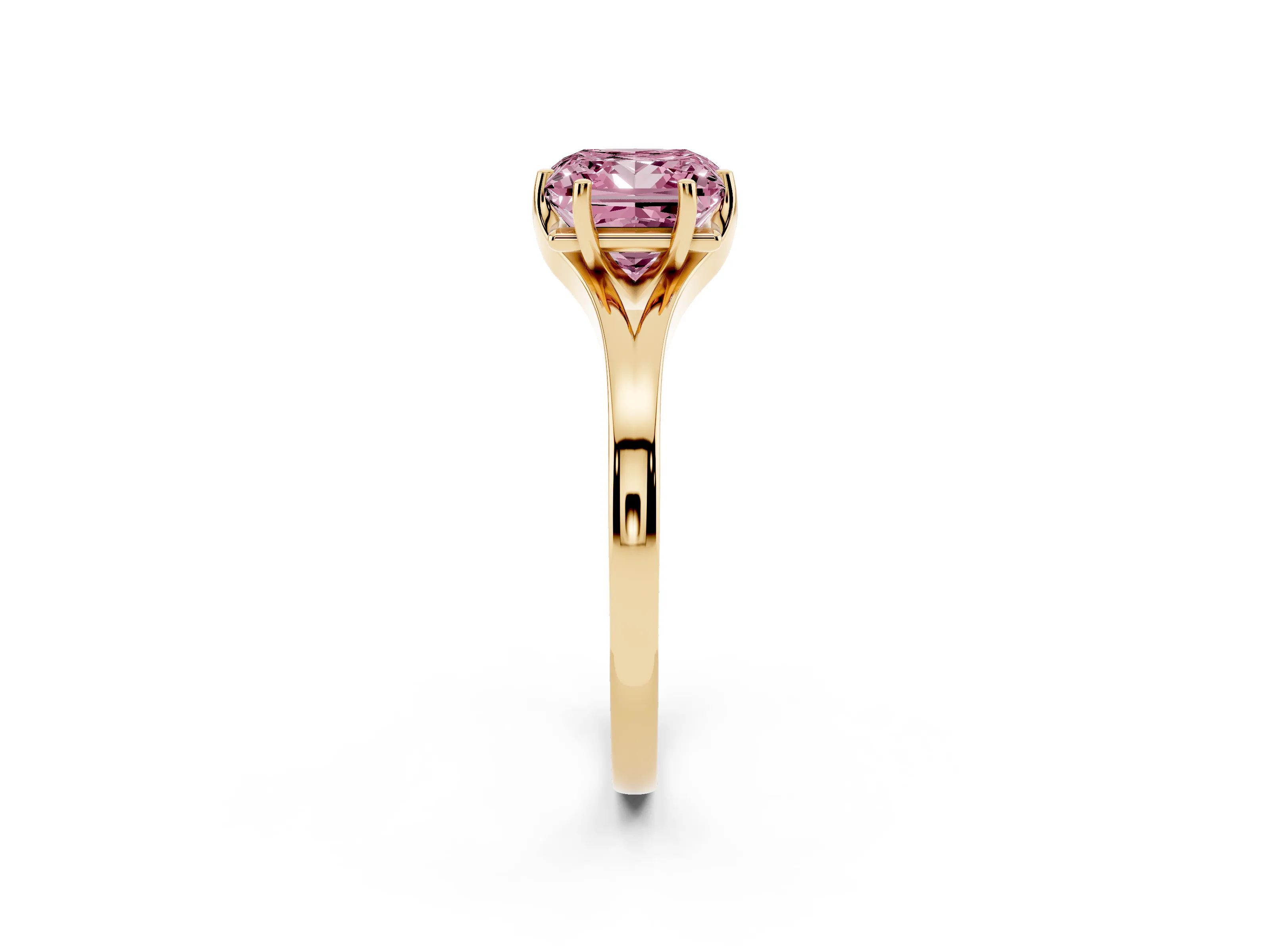 Fancy Pink Princess Cut Diamond Solitaire Ring Set in Yellow gold with Polished Tapered Band and Prong Setting