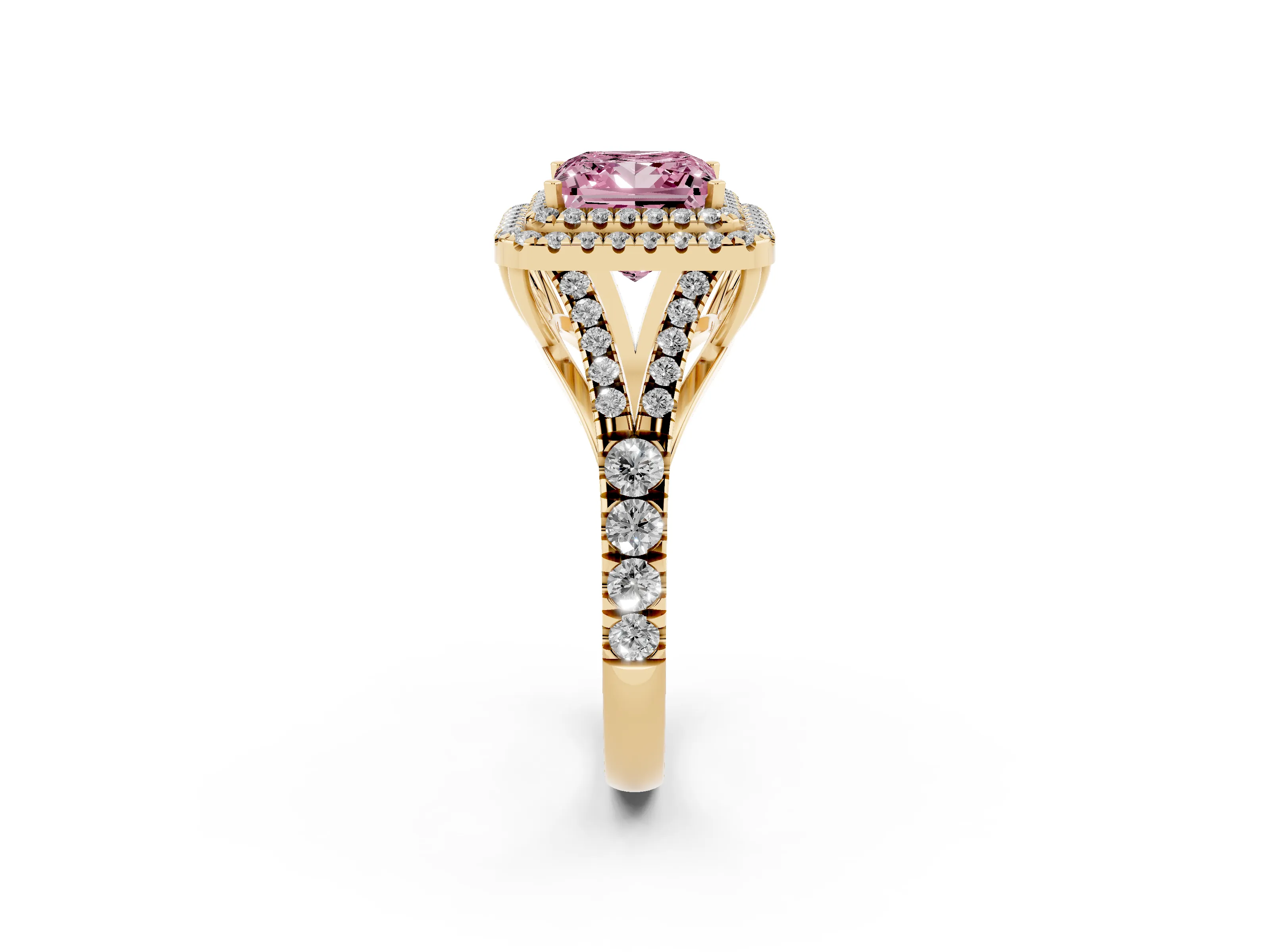 Fancy Pink Princess Cut Diamond Pavé Split Shank Double Halo Engagement Ring Set in Yellow gold