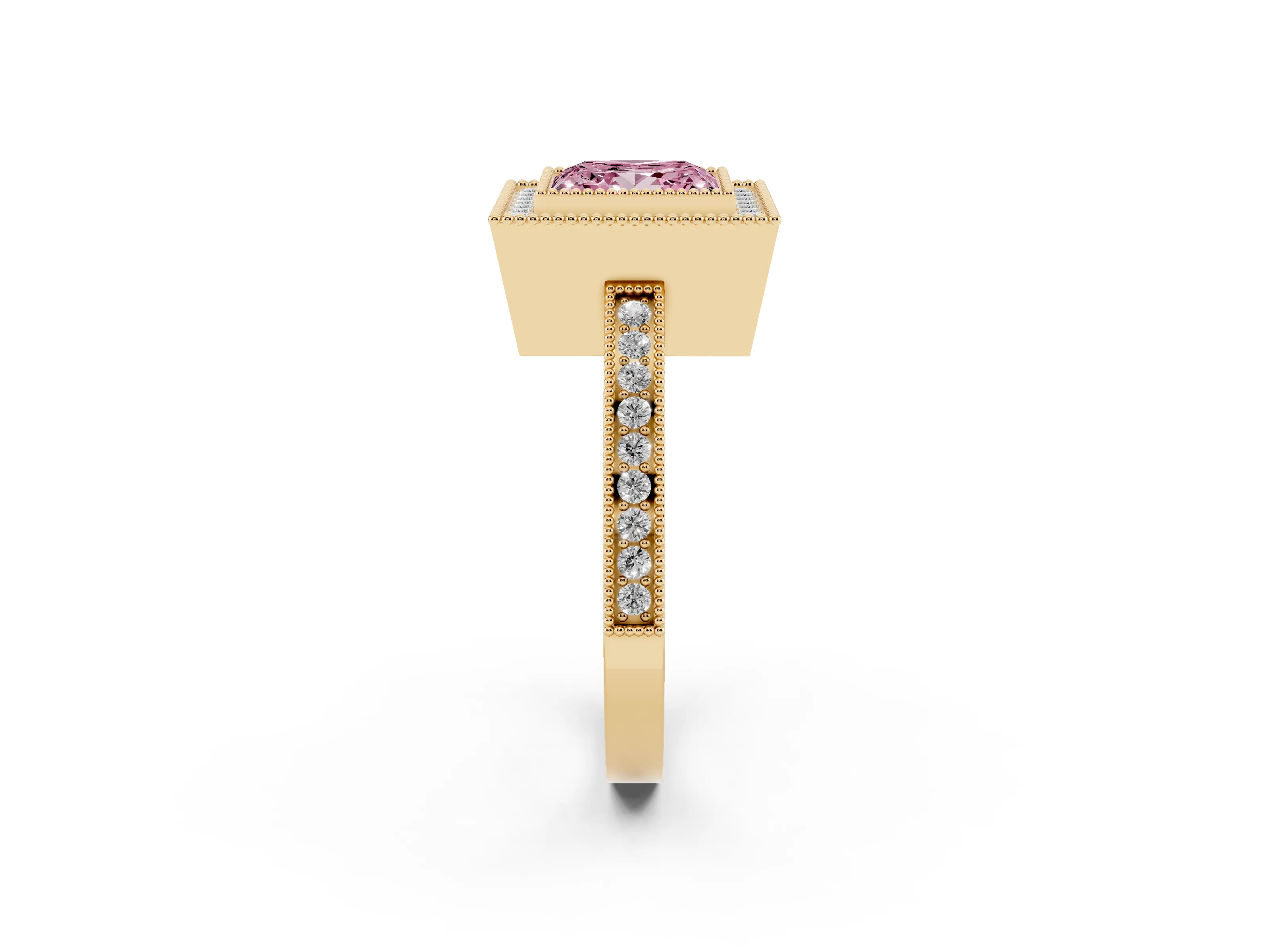 Fancy Pink Princess Cut Diamond Halo Ring Set in Yellow gold with Pavé Band and Milgrain-Edged Prongs