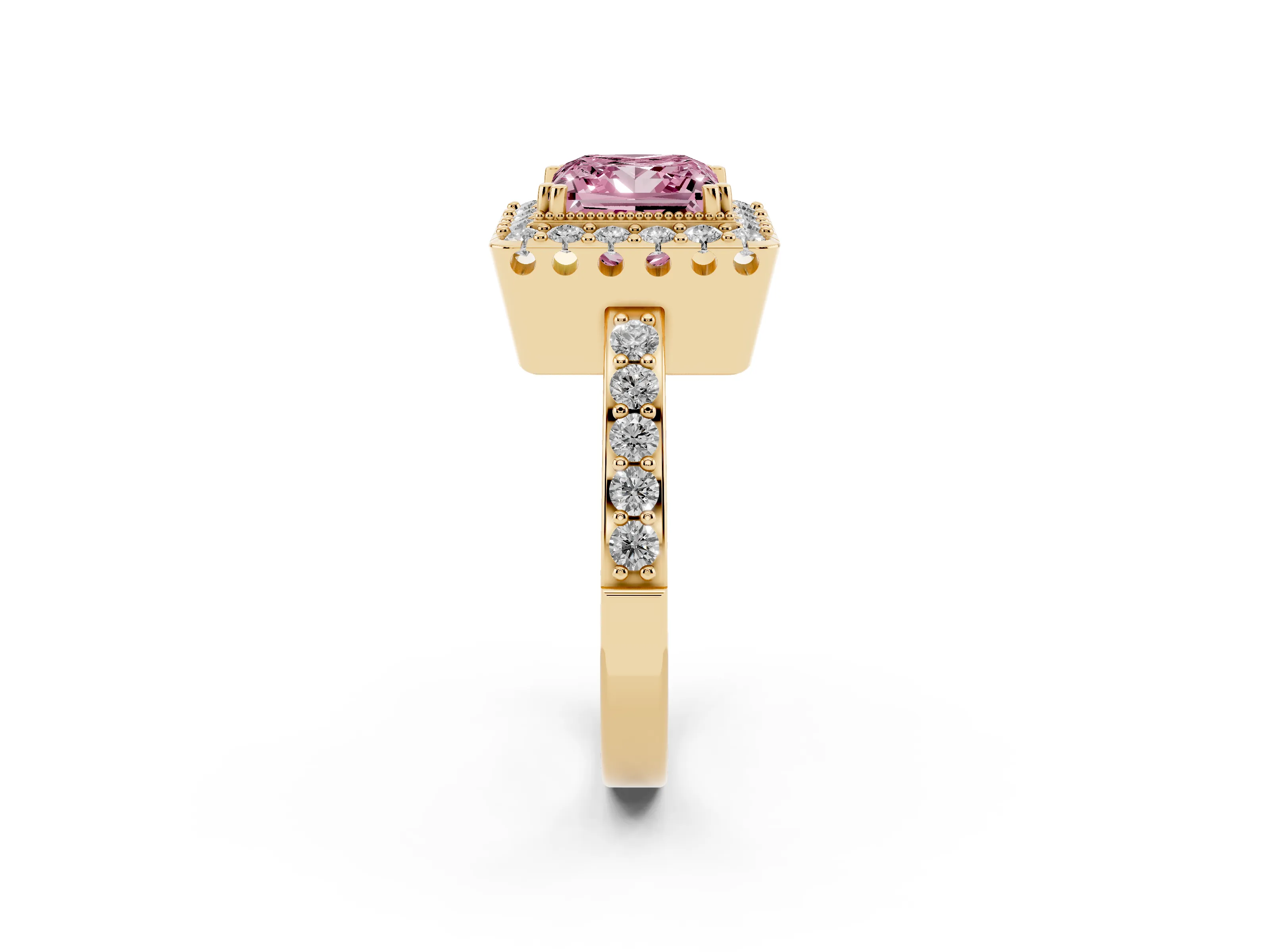 Fancy Pink Princess Cut Diamond Halo Ring Set in Yellow gold with Pavé Shank and Prong Setting
