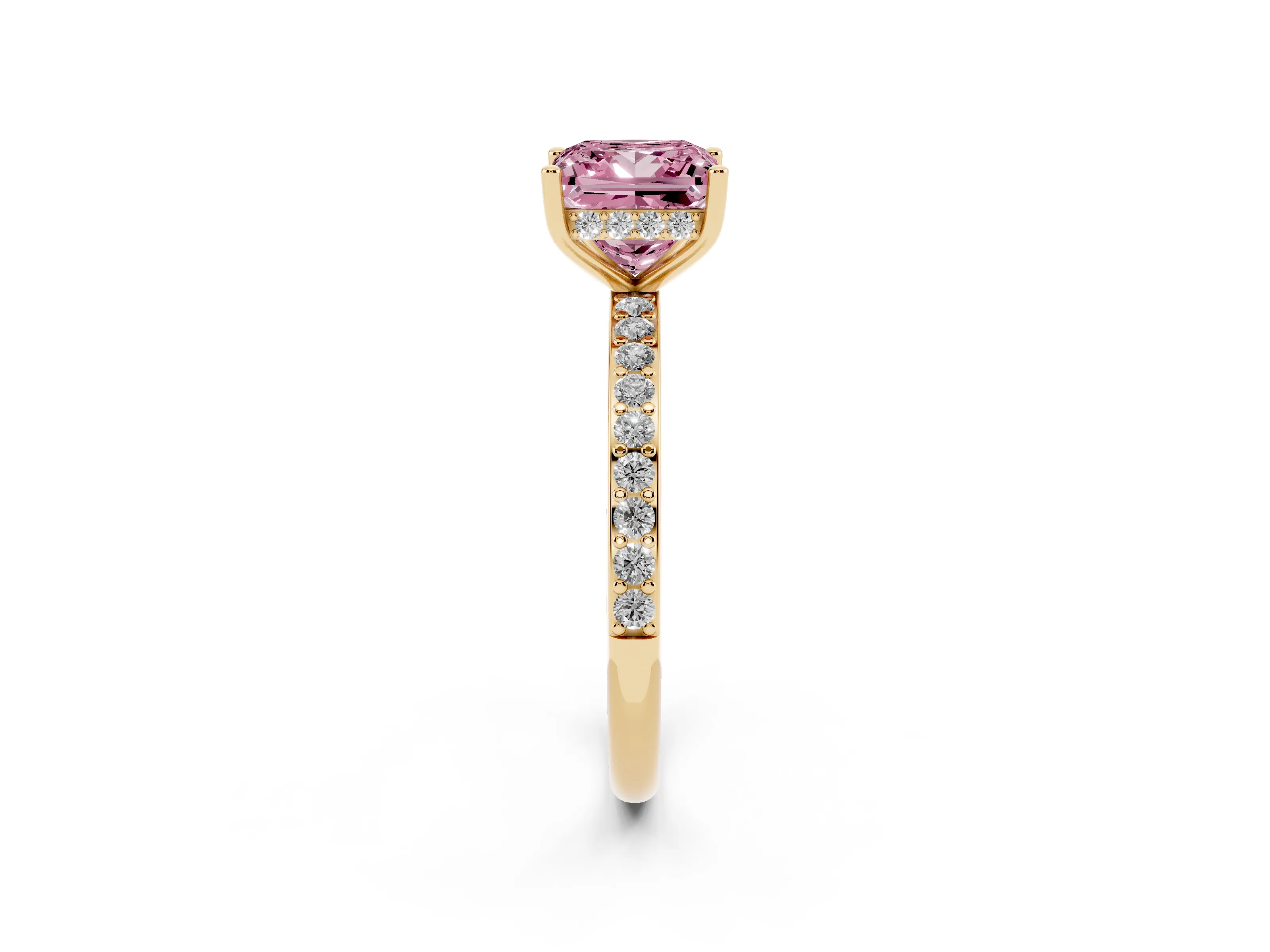 Fancy Pink Princess Cut Diamond Pavé Band Ring Set in Yellow gold with Prong-Set Center Stone