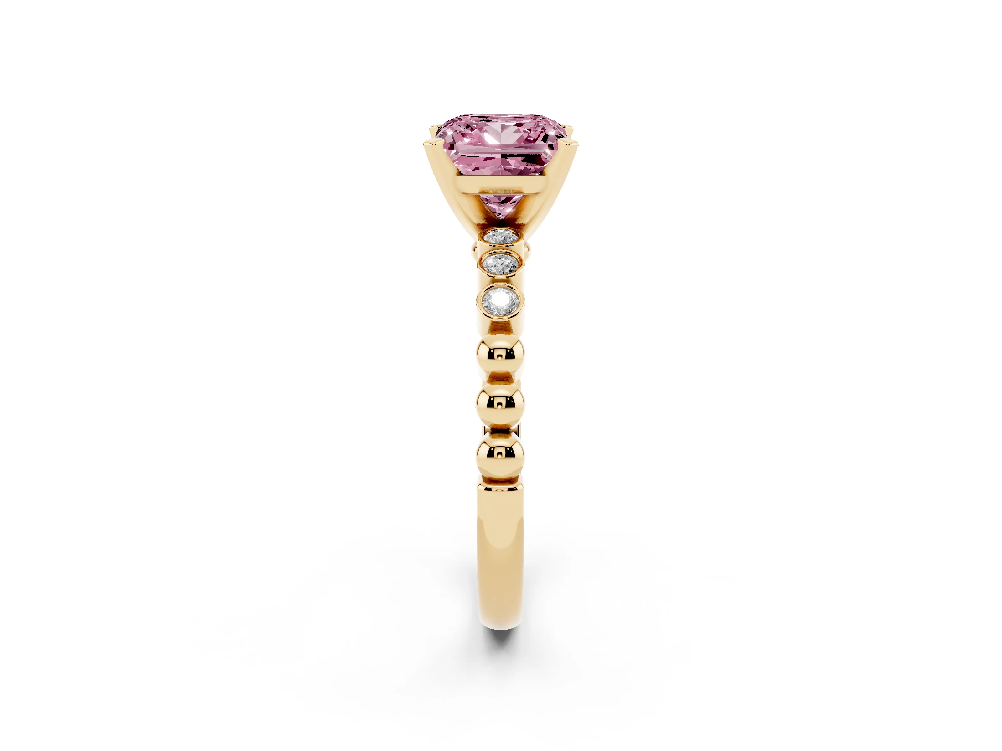 Fancy Pink Princess Cut Diamond Solitaire Engagement Ring Set in Yellow gold with Bezel Accents on Beaded Band