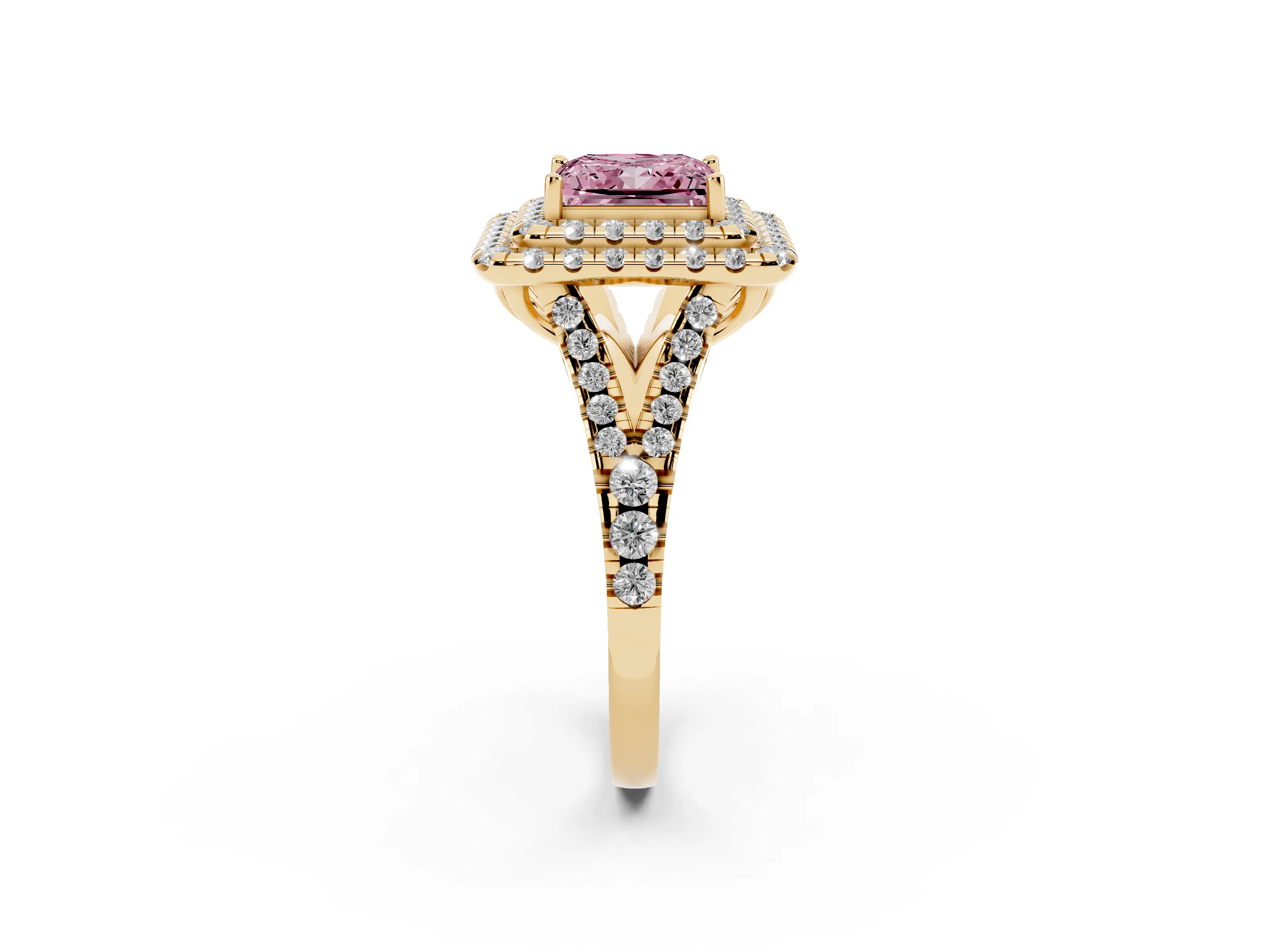 Fancy Pink Princess Cut Diamond Double Halo Ring Set in Yellow gold with Pavé Split Shank and Prong Setting