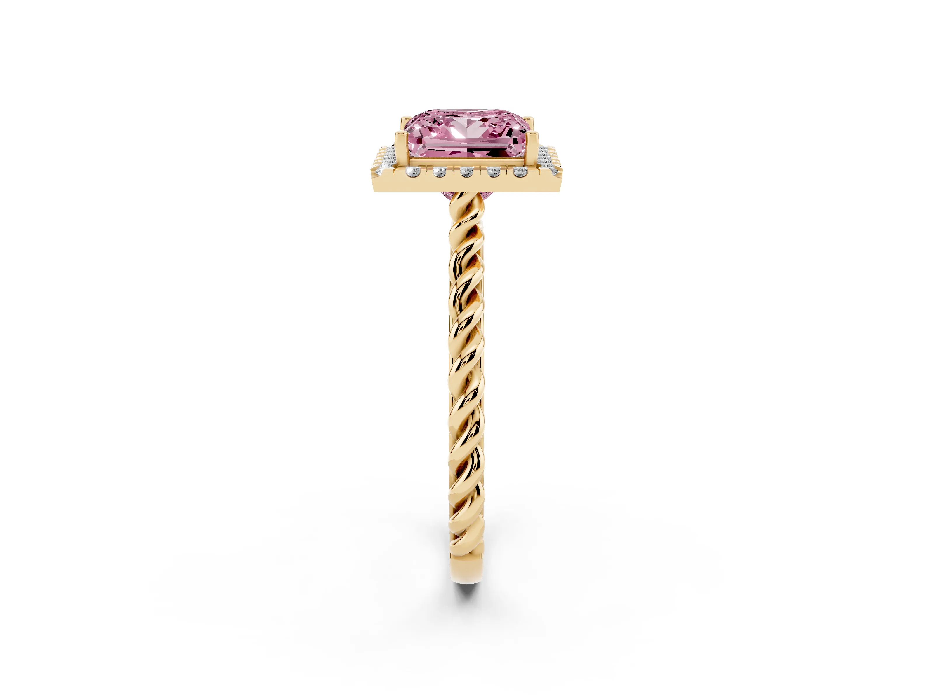 Fancy Pink Princess Cut Diamond Halo Ring Set in Yellow gold with Plain Twisted Band
