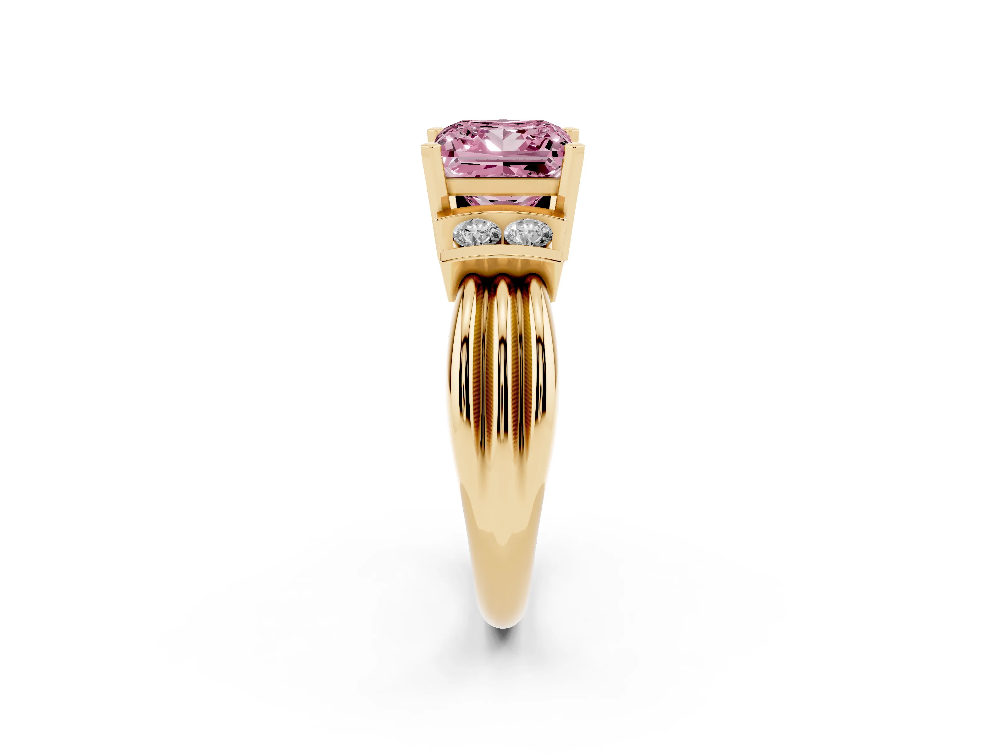 Fancy Pink Three-Stone Princess Cut Diamond Channel Set Ring Set in Yellow gold with Bar Prongs