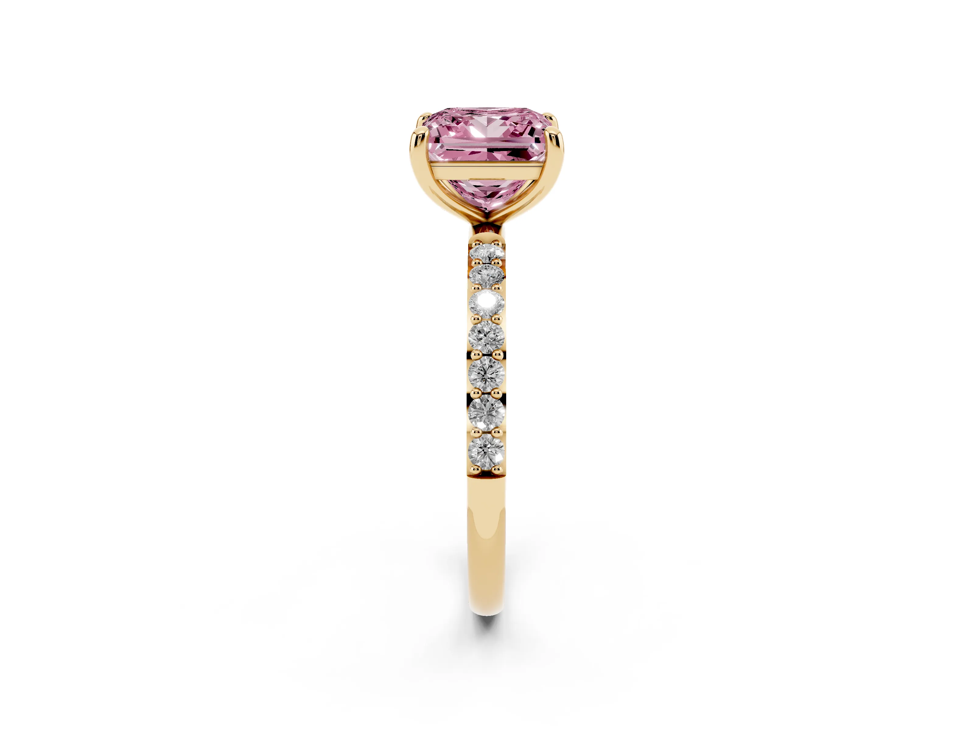 Fancy Pink Princess Cut Diamond Solitaire Ring Set in Yellow gold with Round Pavé Band and Prong Setting