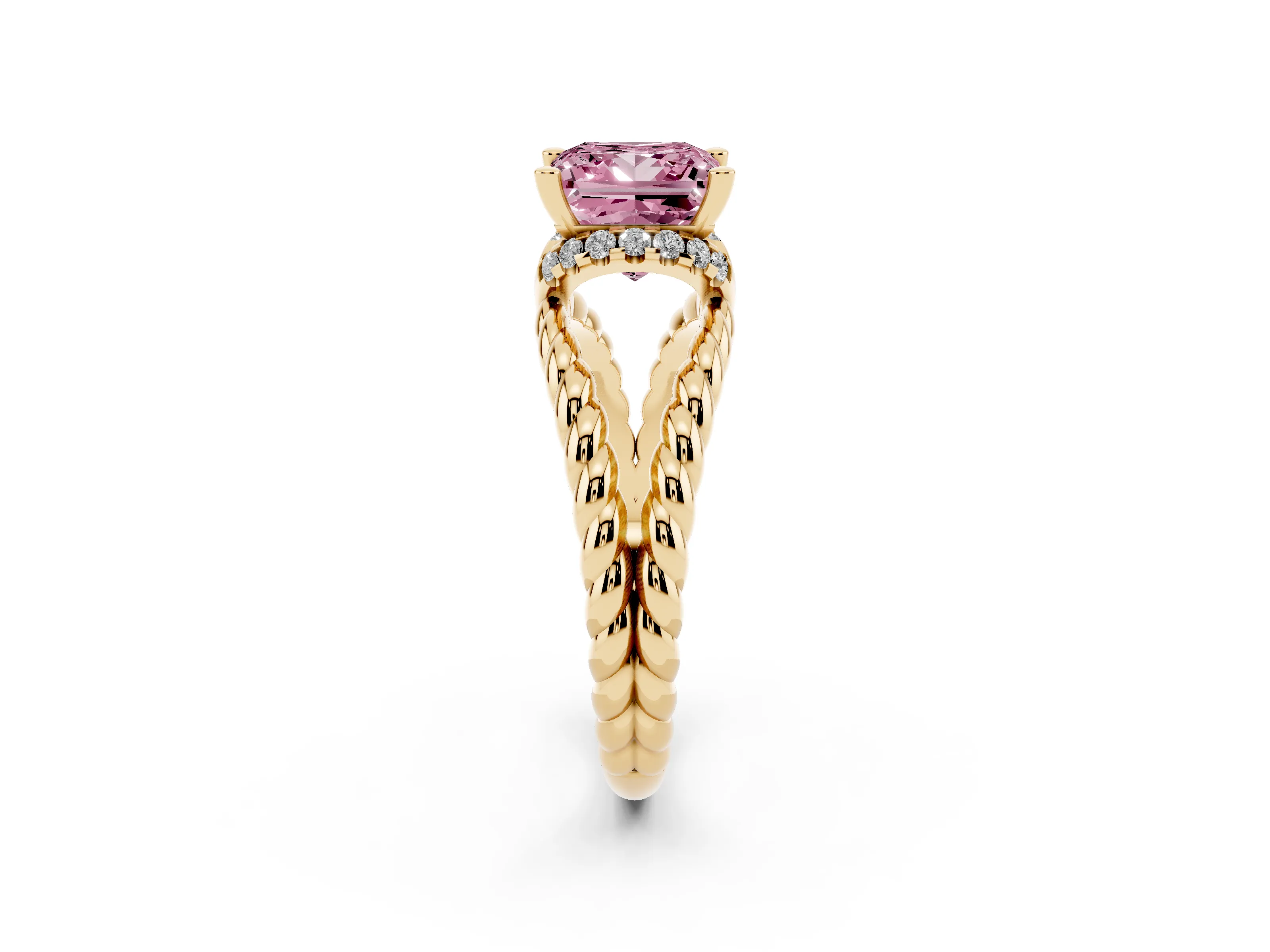 Fancy Pink Princess Cut Diamond Halo Ring Set in Yellow gold with Twisted Band and Prong Setting