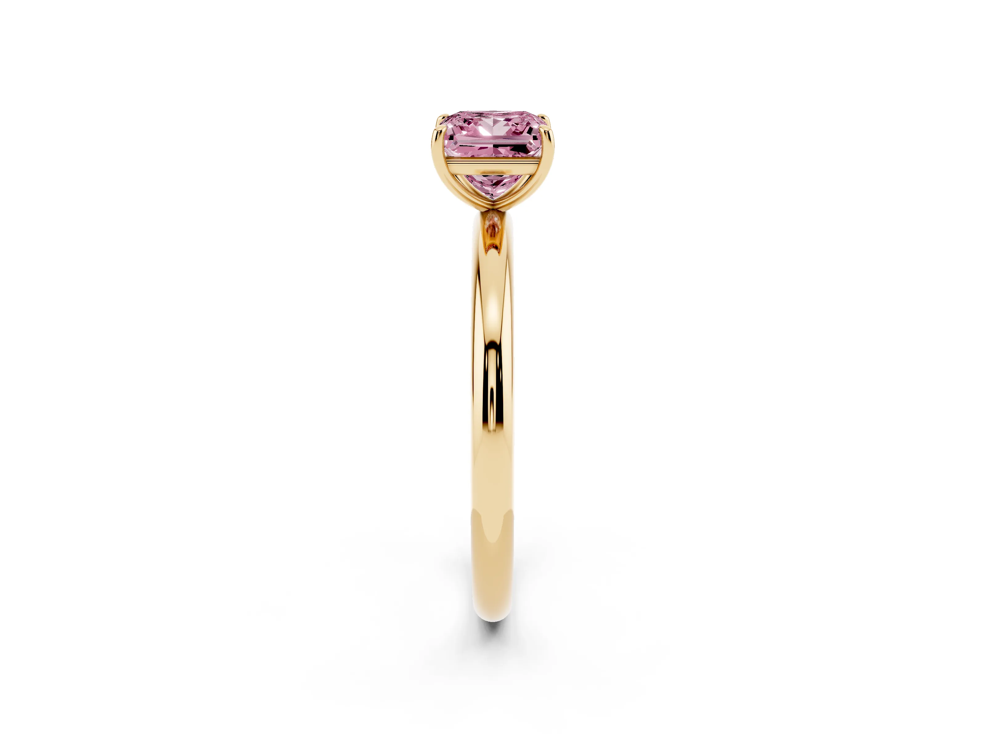 Fancy Pink Princess Cut Diamond Solitaire Ring Set in Yellow gold with Prong Setting on a Polished Plain Band