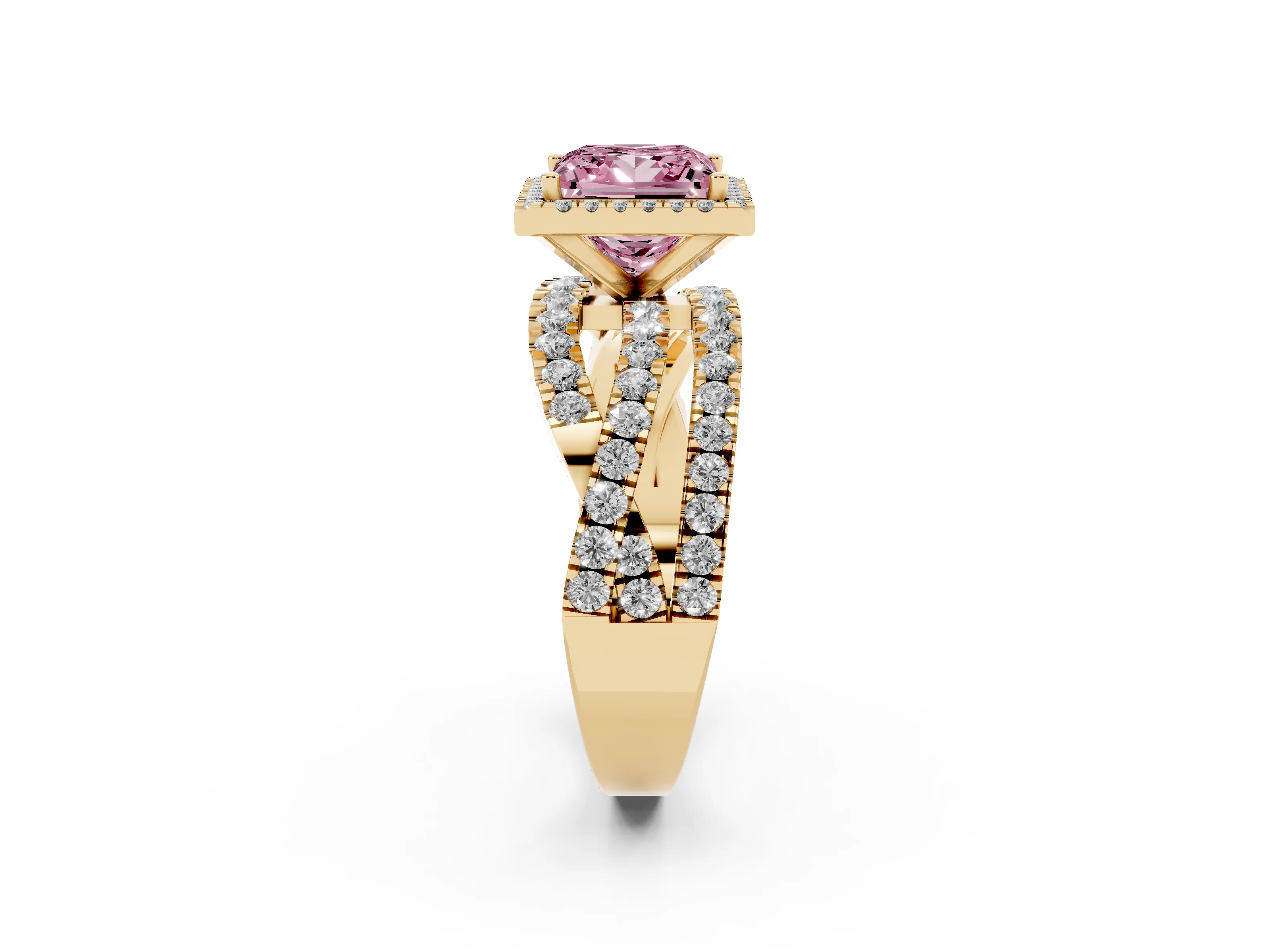 Fancy Pink Princess Cut Diamond Halo Ring Set in Yellow gold with Round Crossover Split Shank and Prong Setting