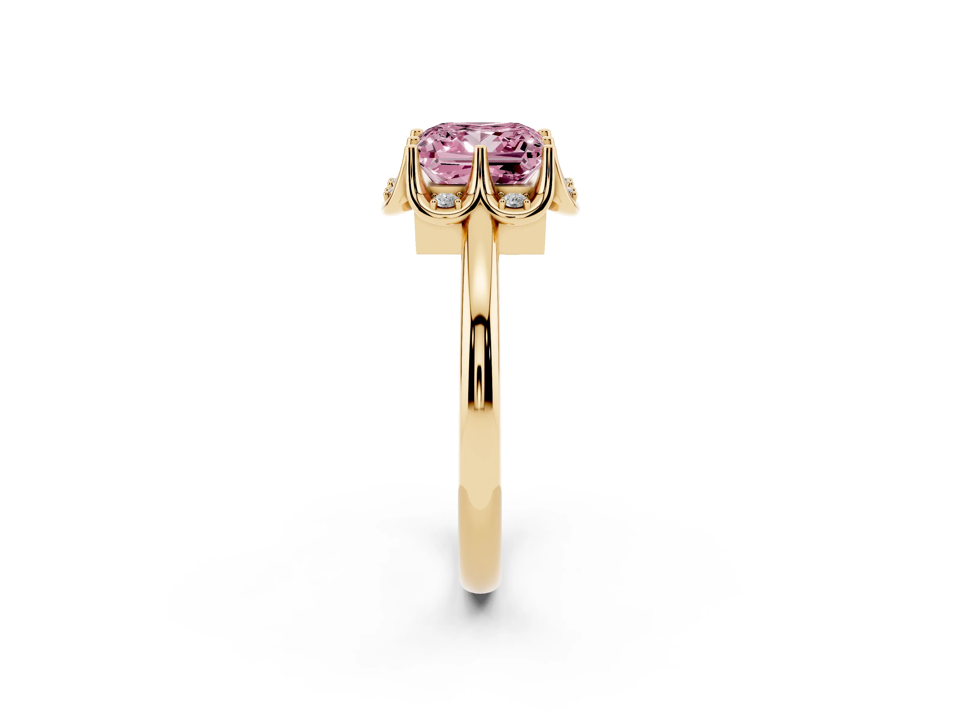 Fancy Pink Princess Cut Diamond Round Cluster Halo Ring Set in Yellow gold with Solitaire Band and Prong Setting