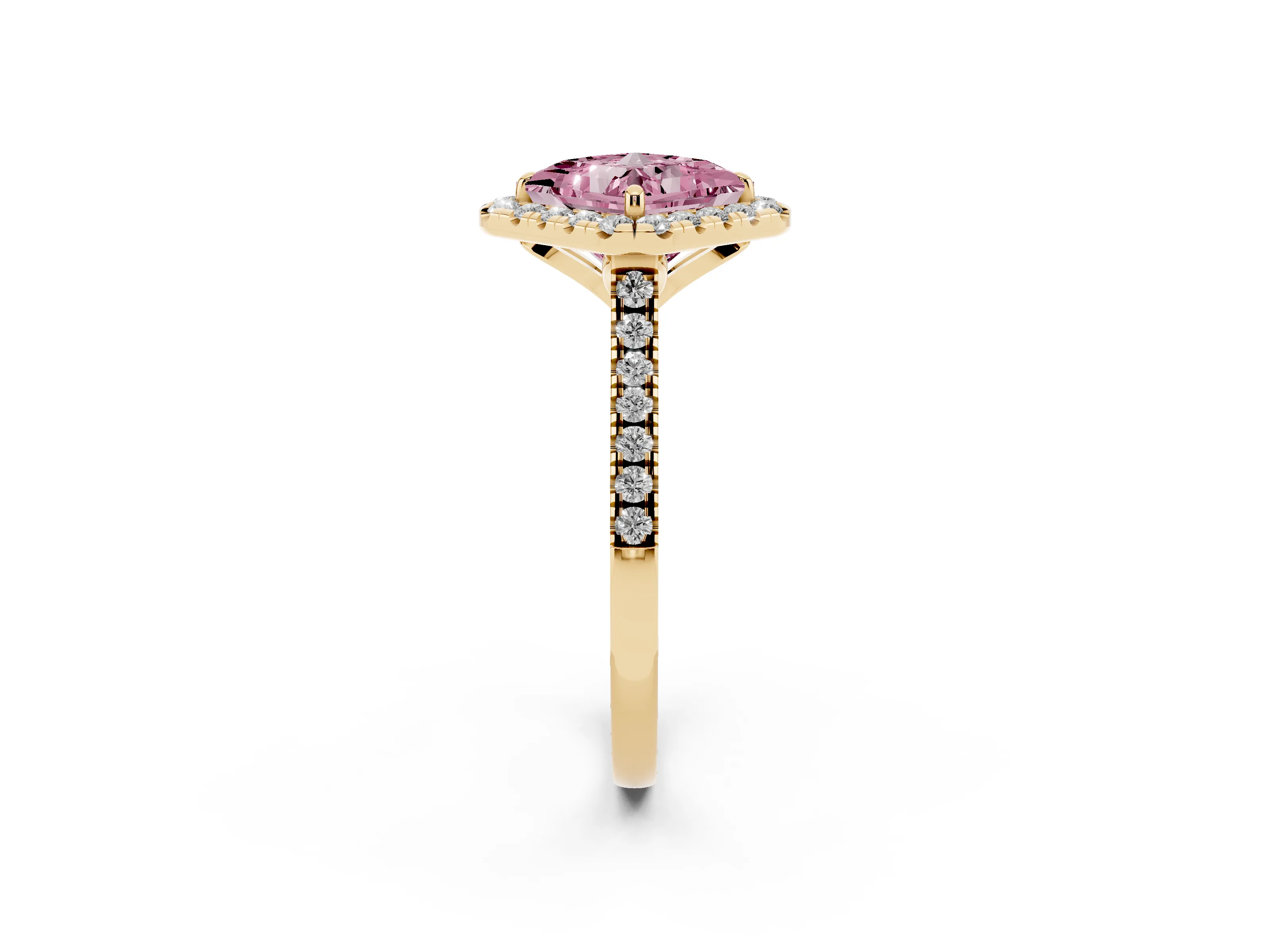 Fancy Pink Princess Cut Diamond Cushion Halo Ring Set in Yellow gold with Pavé Band