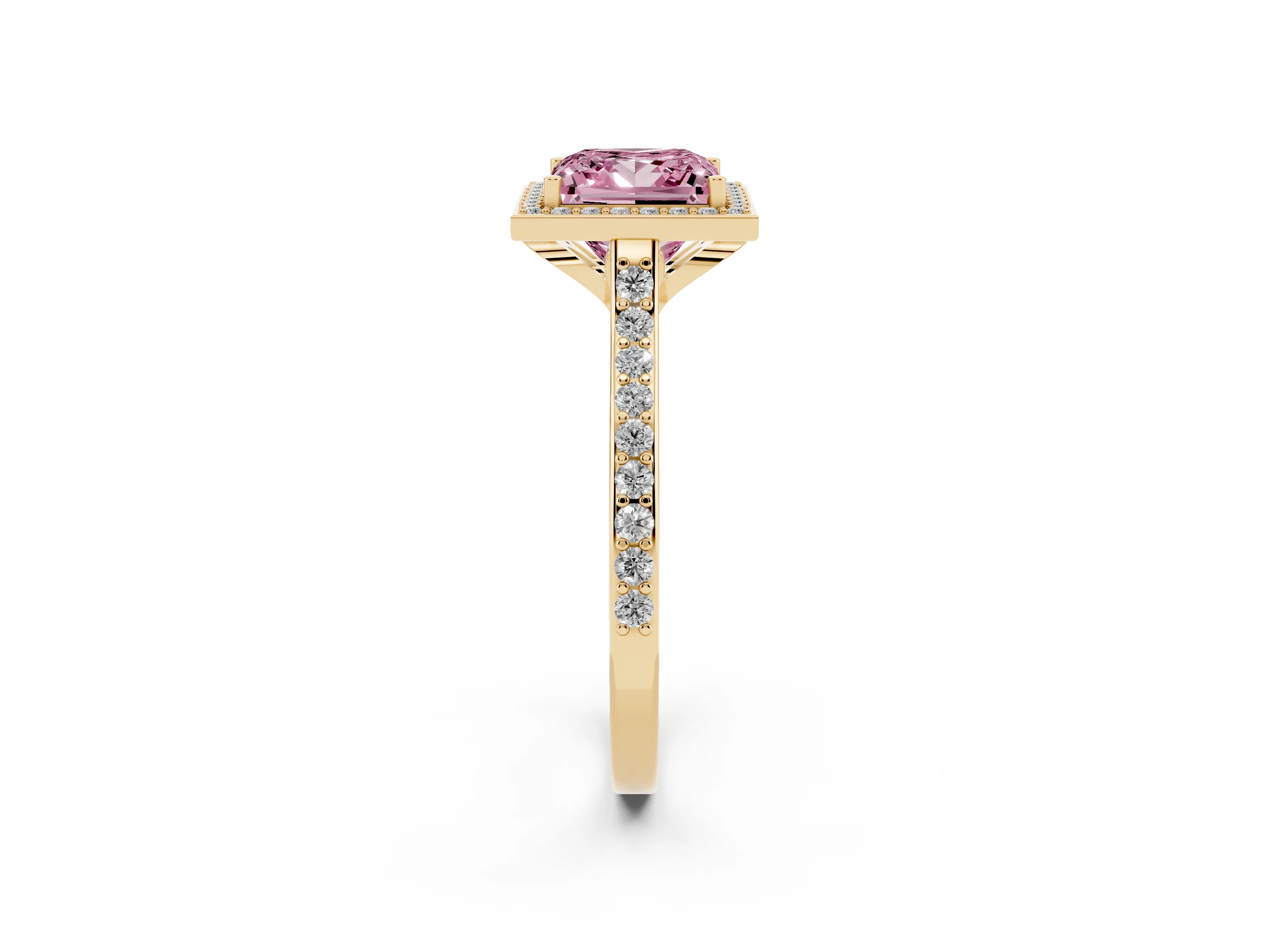 Fancy Pink Princess Cut Diamond Halo Engagement Ring Set in Yellow gold with Round Pavé Shoulders and Heart Gallery