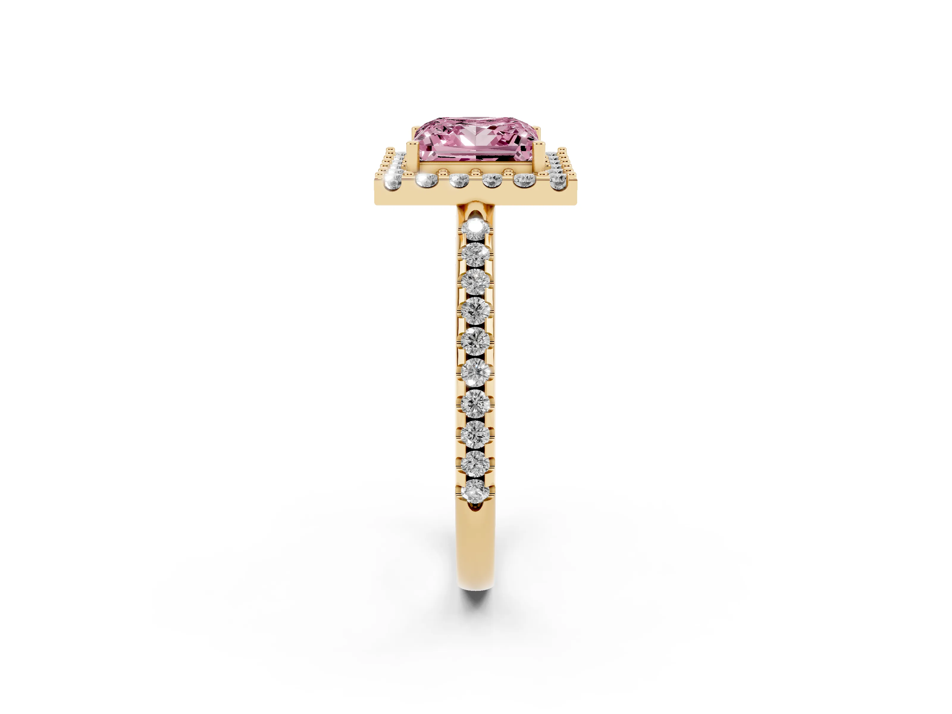 Fancy Pink Princess Cut Diamond Pavé Halo Ring Set in Yellow gold with Prong Setting