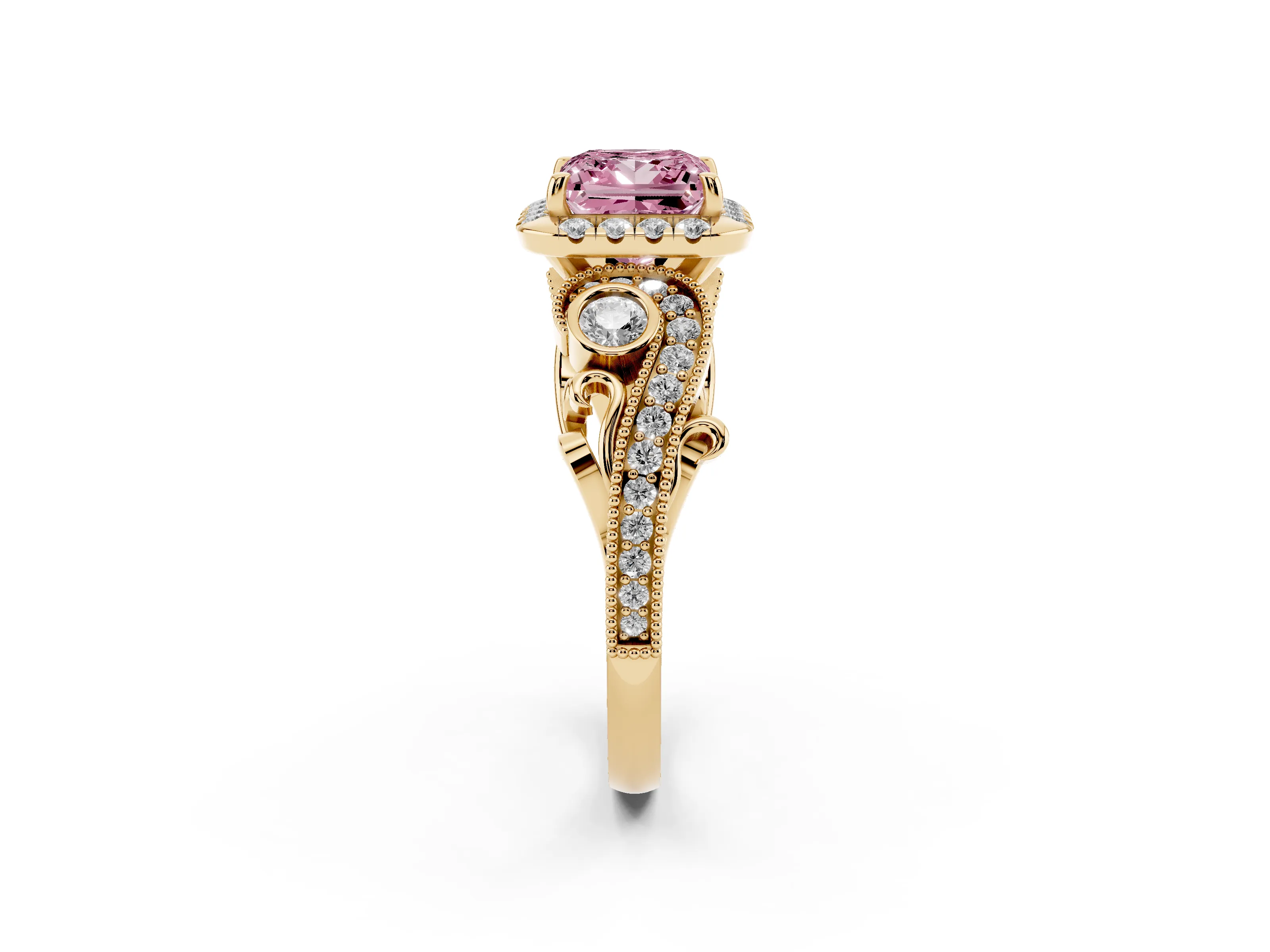 Fancy Pink Princess Cut Diamond Halo Split Shank Ring Set in Yellow gold with Milgrain and Bezel Accents