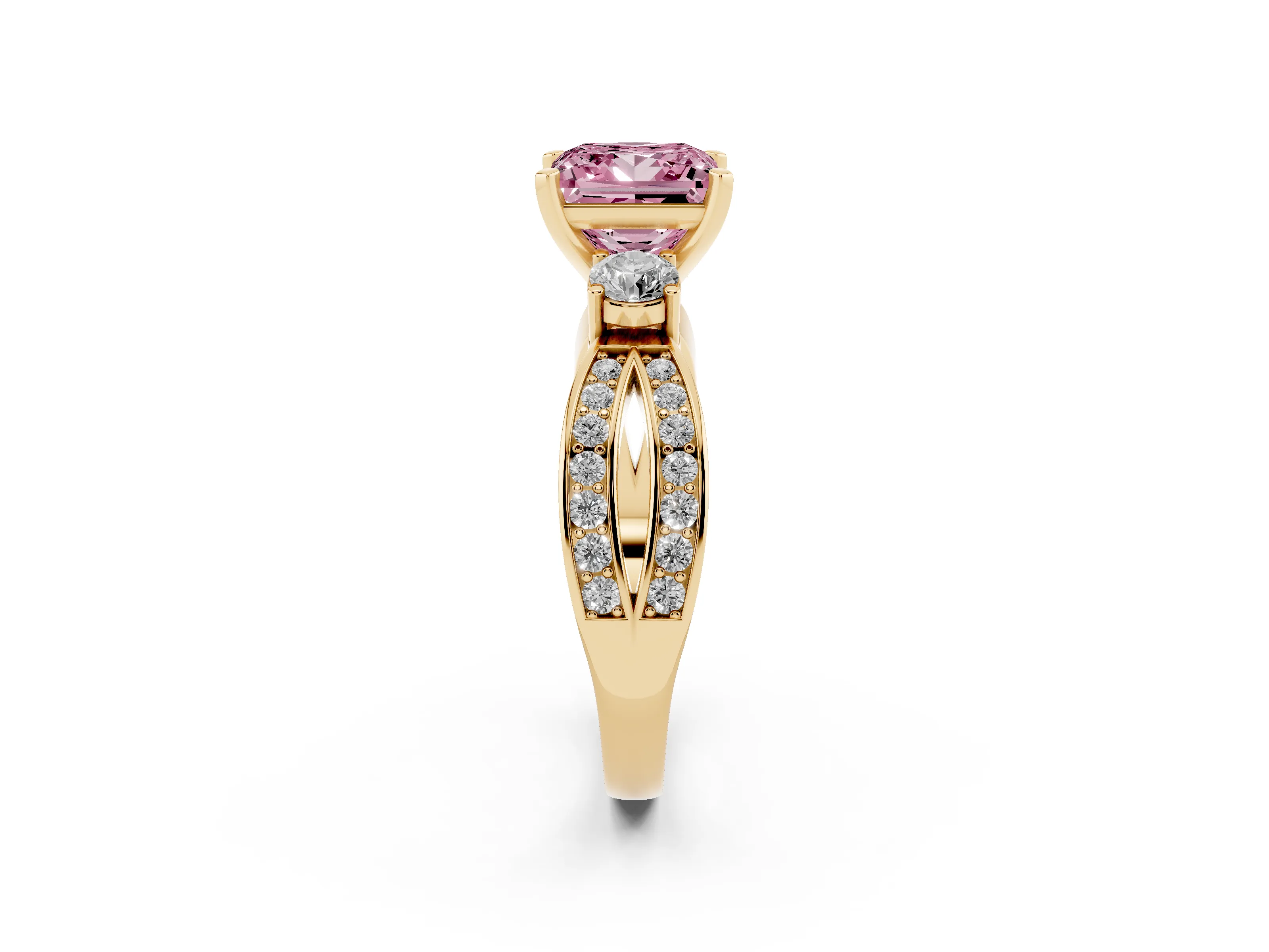 Fancy Pink Three-Stone Princess Cut Diamond Twist Band Ring Set in Yellow gold with Pavé Accents and Prong Setting