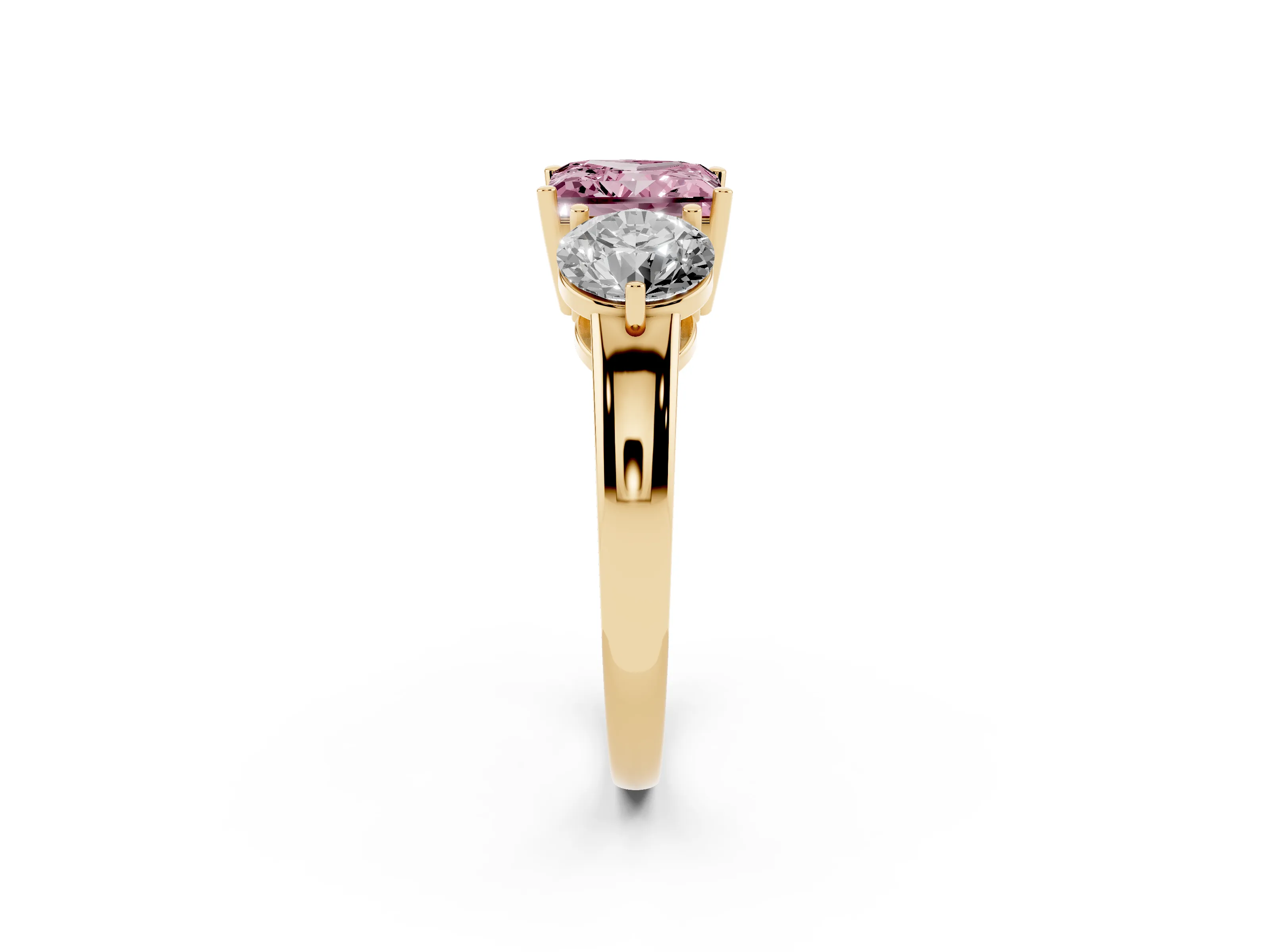 Fancy Pink Princess Cut Diamond Three-Stone Ring Set in Yellow gold with Prong Setting and Plain Band