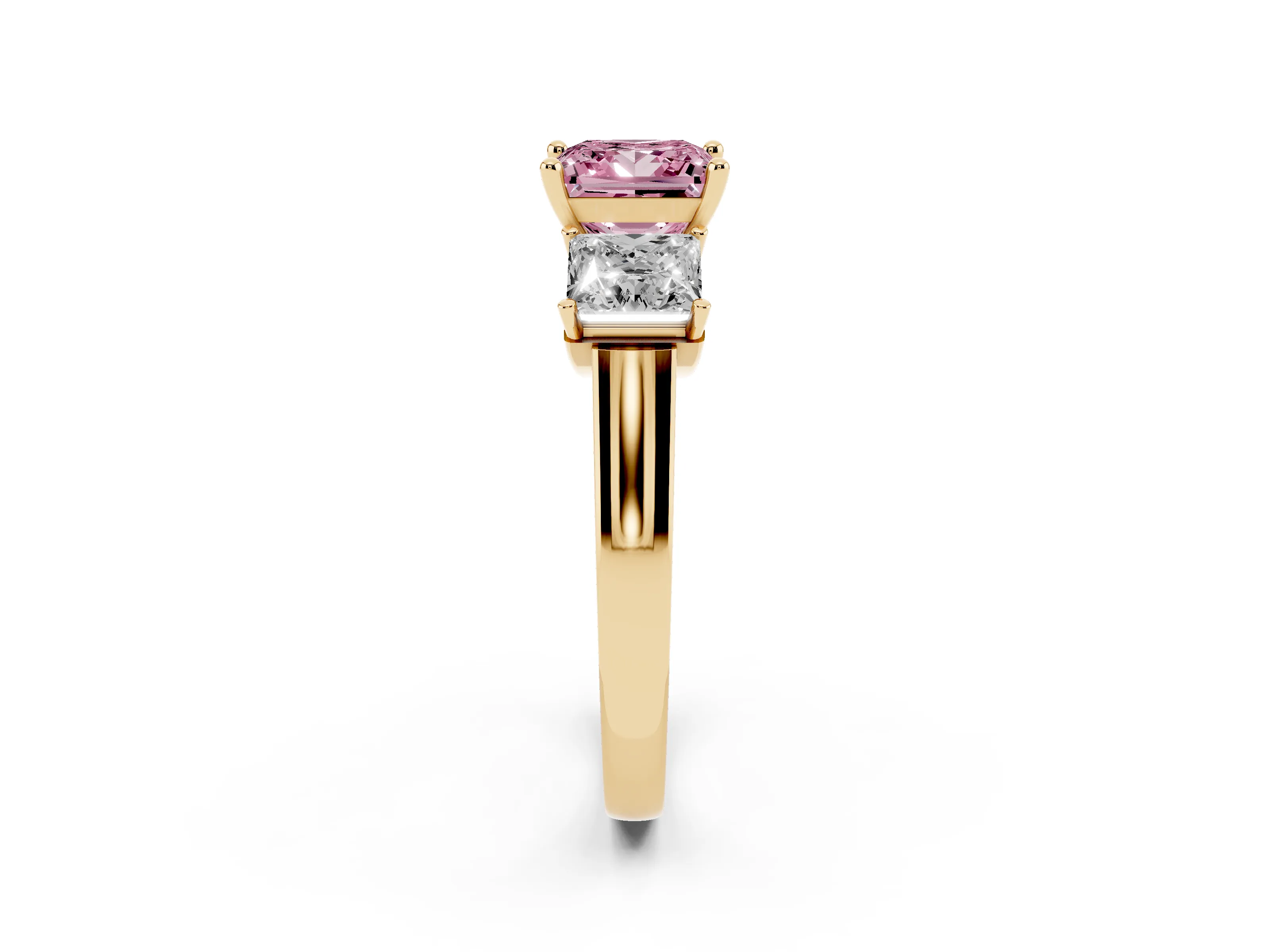 Fancy Pink Princess Cut Diamond Three-Stone Trellis Ring Set in Yellow gold with Comfort Fit Band