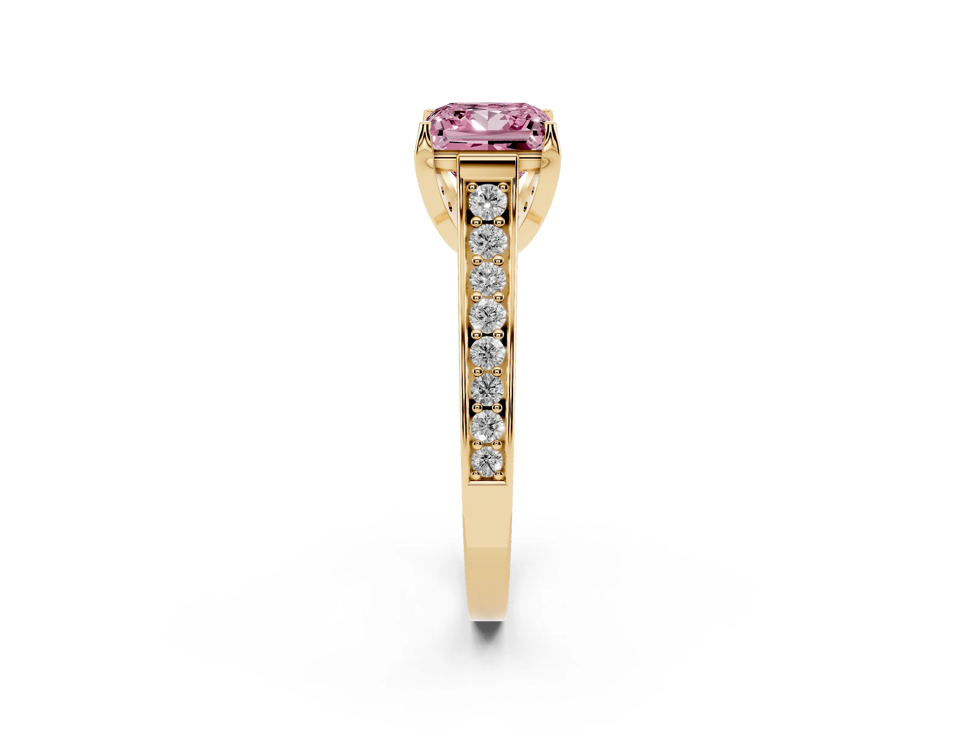 Fancy Pink Princess Cut Diamond Solitaire Pavé Engagement Ring Set in Yellow gold with Prong Setting