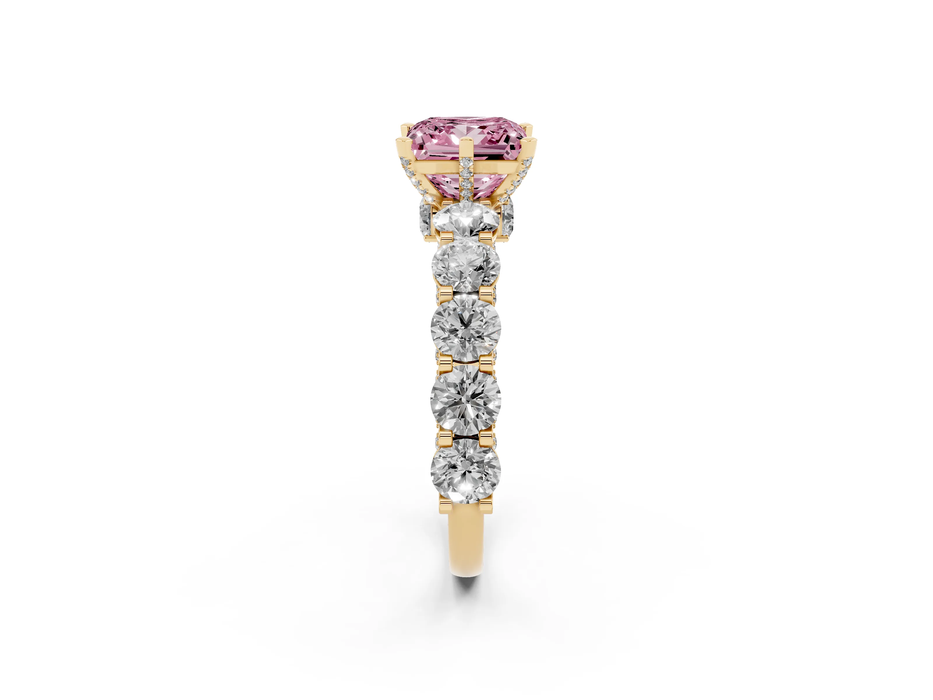Fancy Pink Princess Cut Diamond Side Stone Ring Set in Yellow gold with Alternating Round and Oval Side Stones