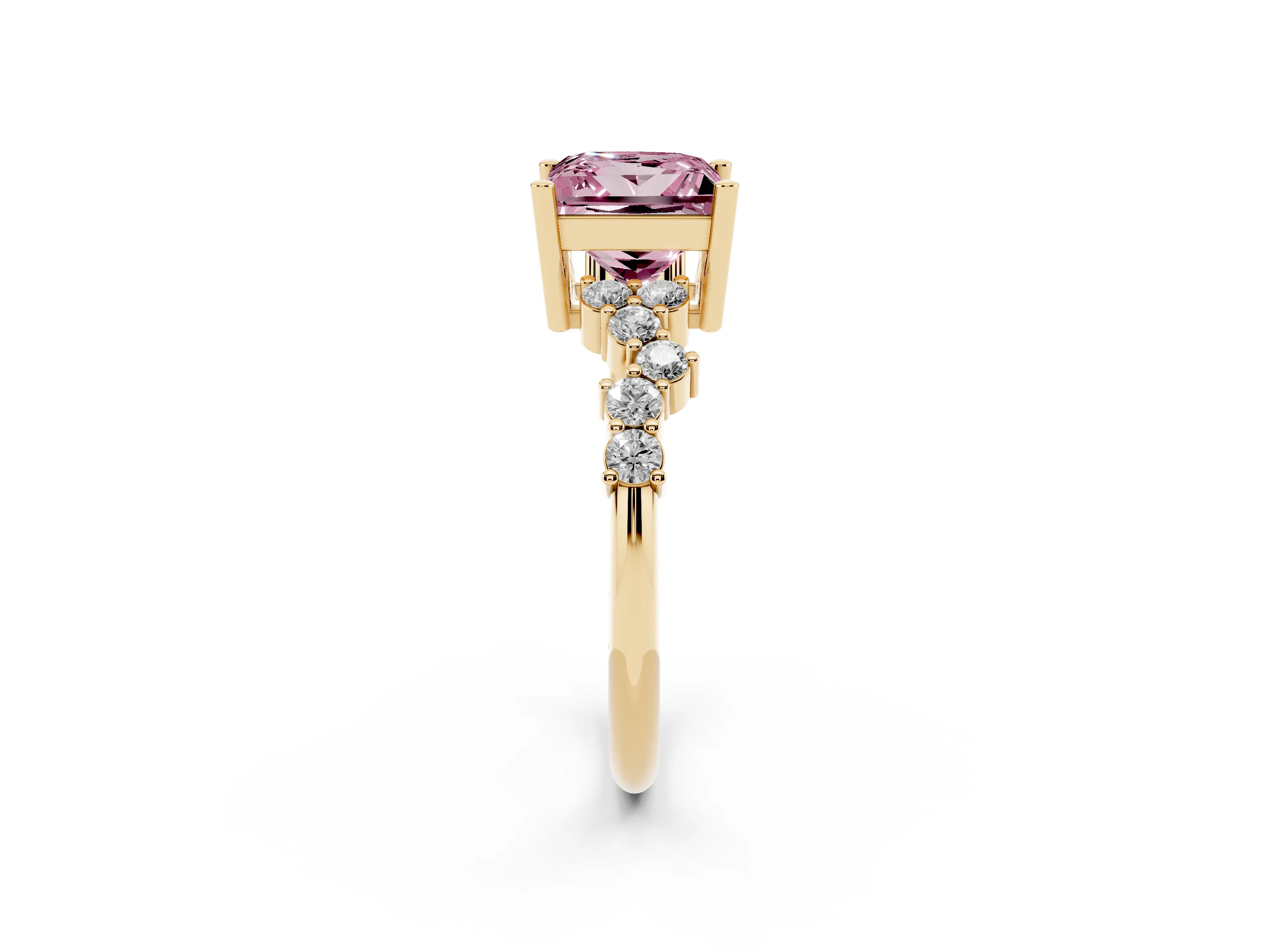 Fancy Pink Princess Cut Diamond Ring Set in Yellow gold with Scattered Round Accents