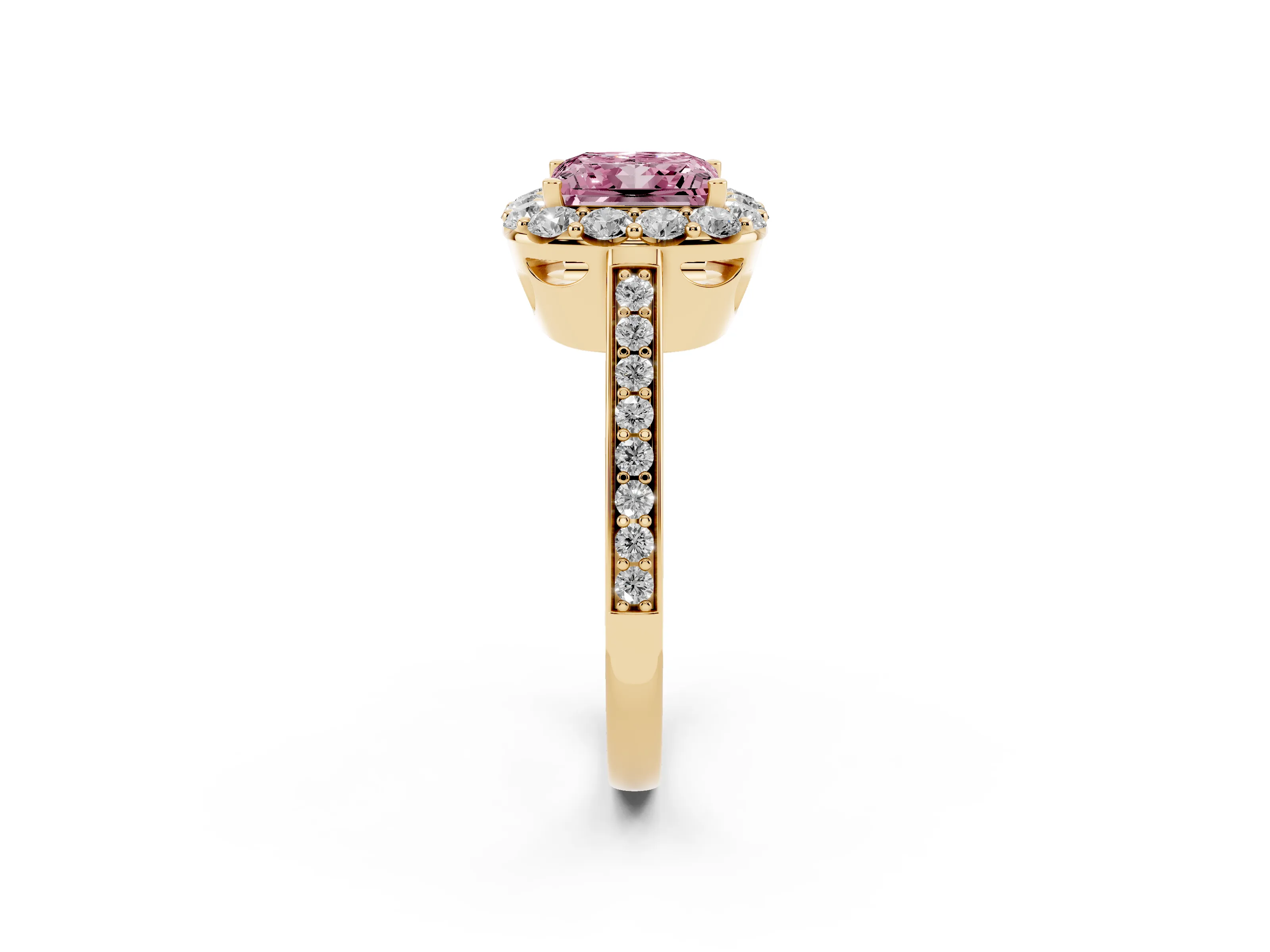 Fancy Pink Princess Cut Diamond Floral Halo Ring Set in Yellow gold with Pavé Band and Prong Setting