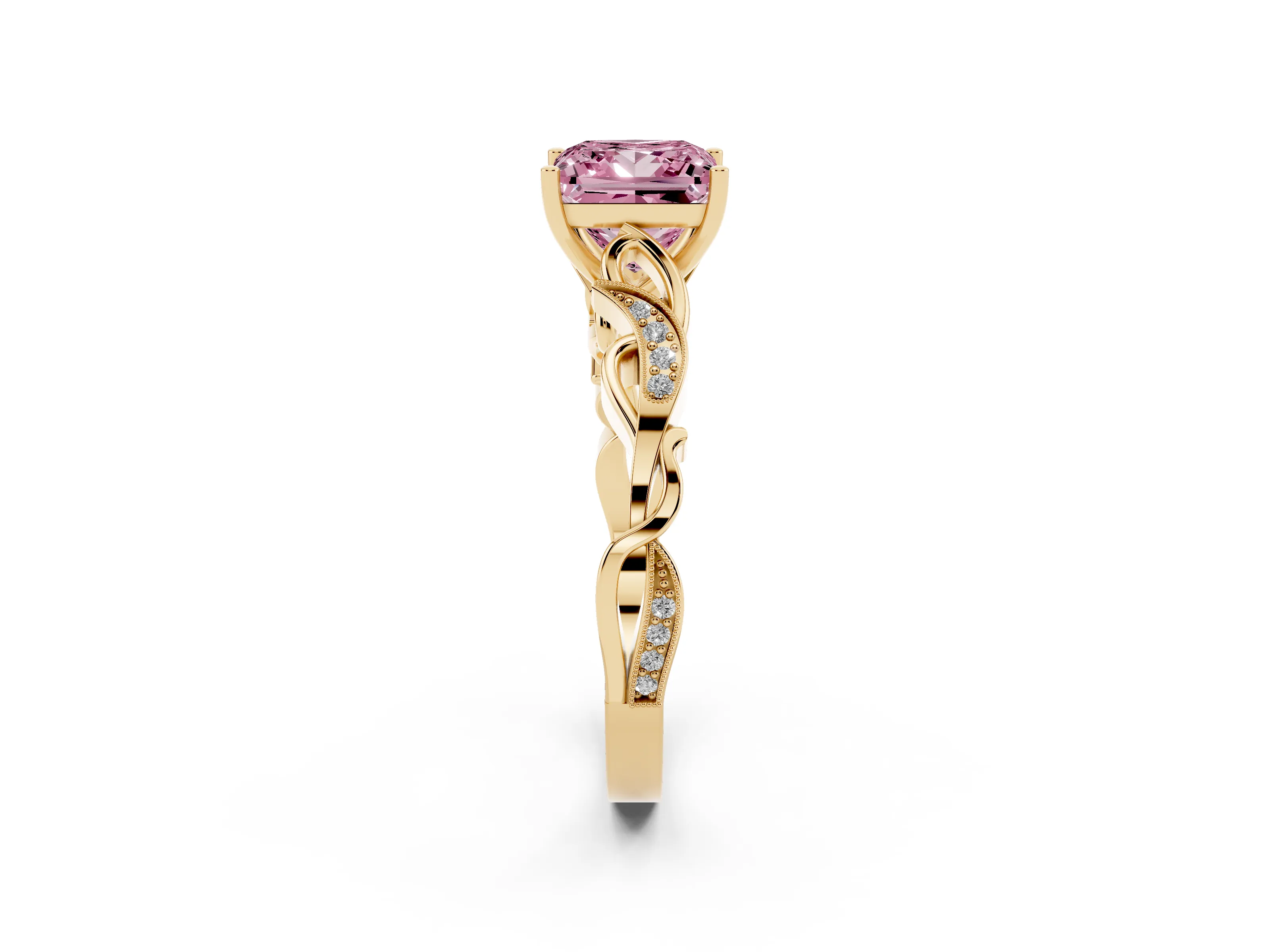 Fancy Pink Princess Cut Diamond Vine Band Solitaire Ring Set in Yellow gold with Milgrain Prong Setting