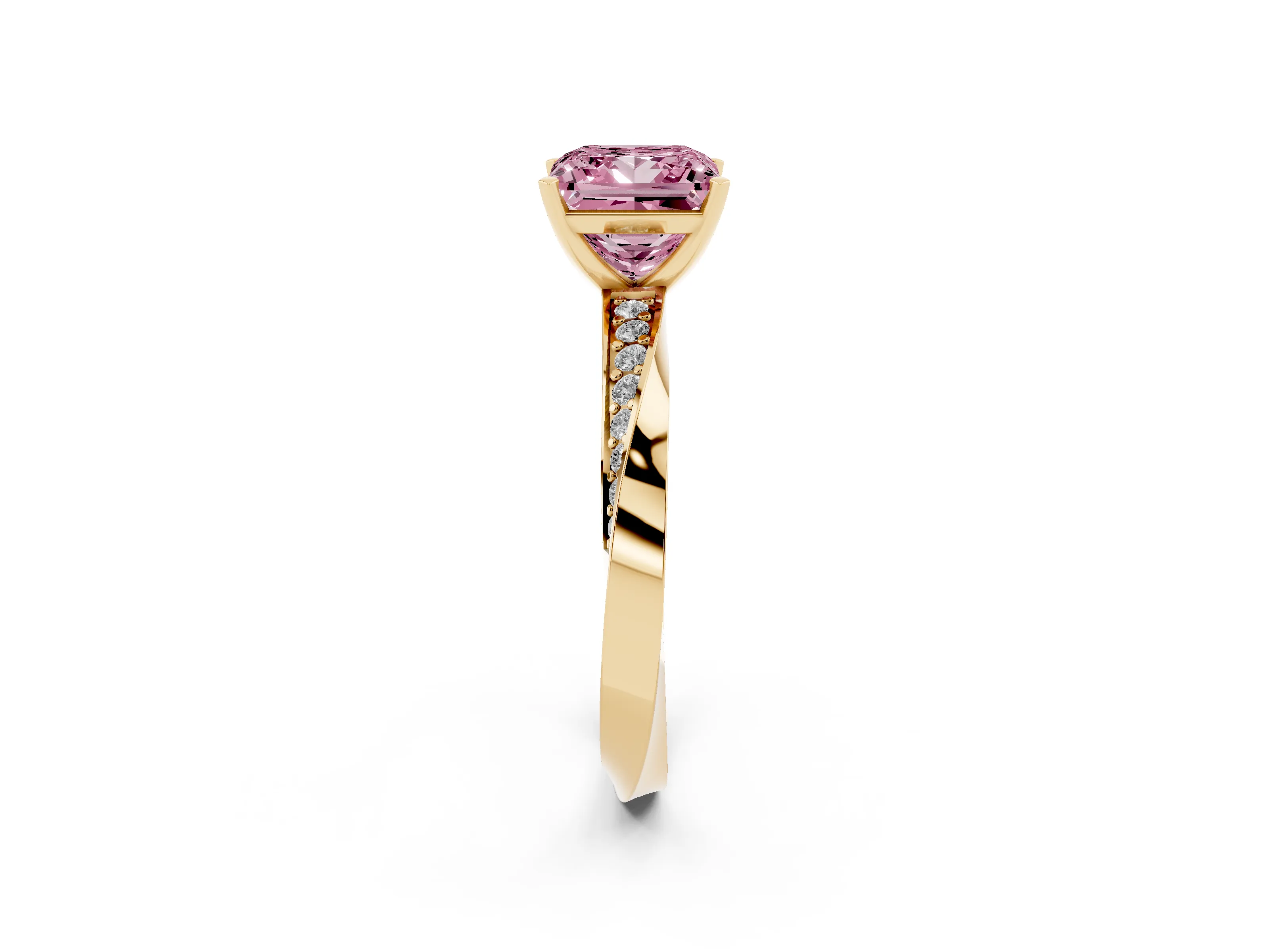 Fancy Pink Princess Cut Diamond Engagement Ring Set in Yellow gold with Side Stone Accents and Prong Setting