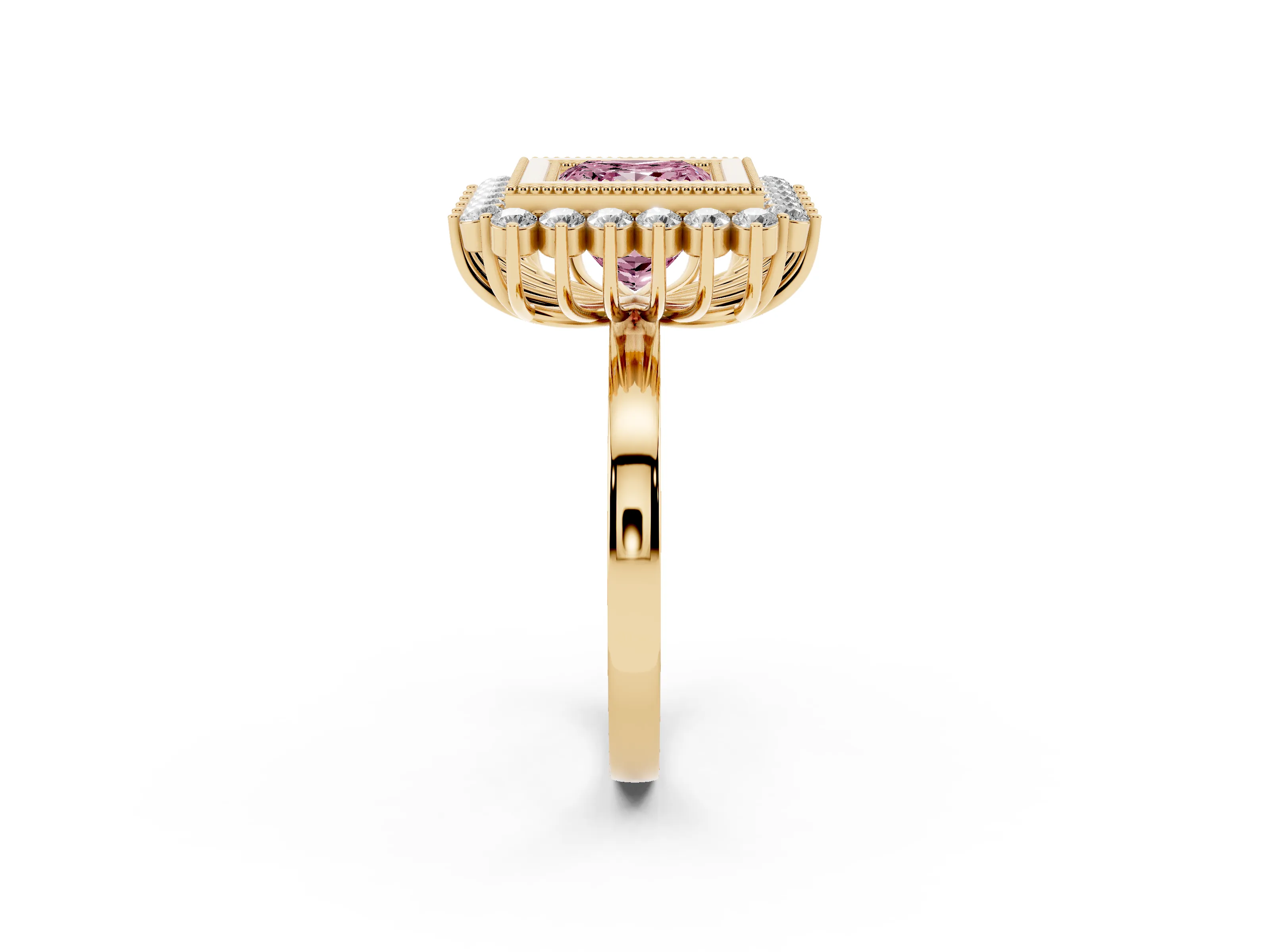 Fancy Pink Princess Cut Diamond Halo Ring Set in Yellow gold with Milgrain Edge and Round Prong Setting