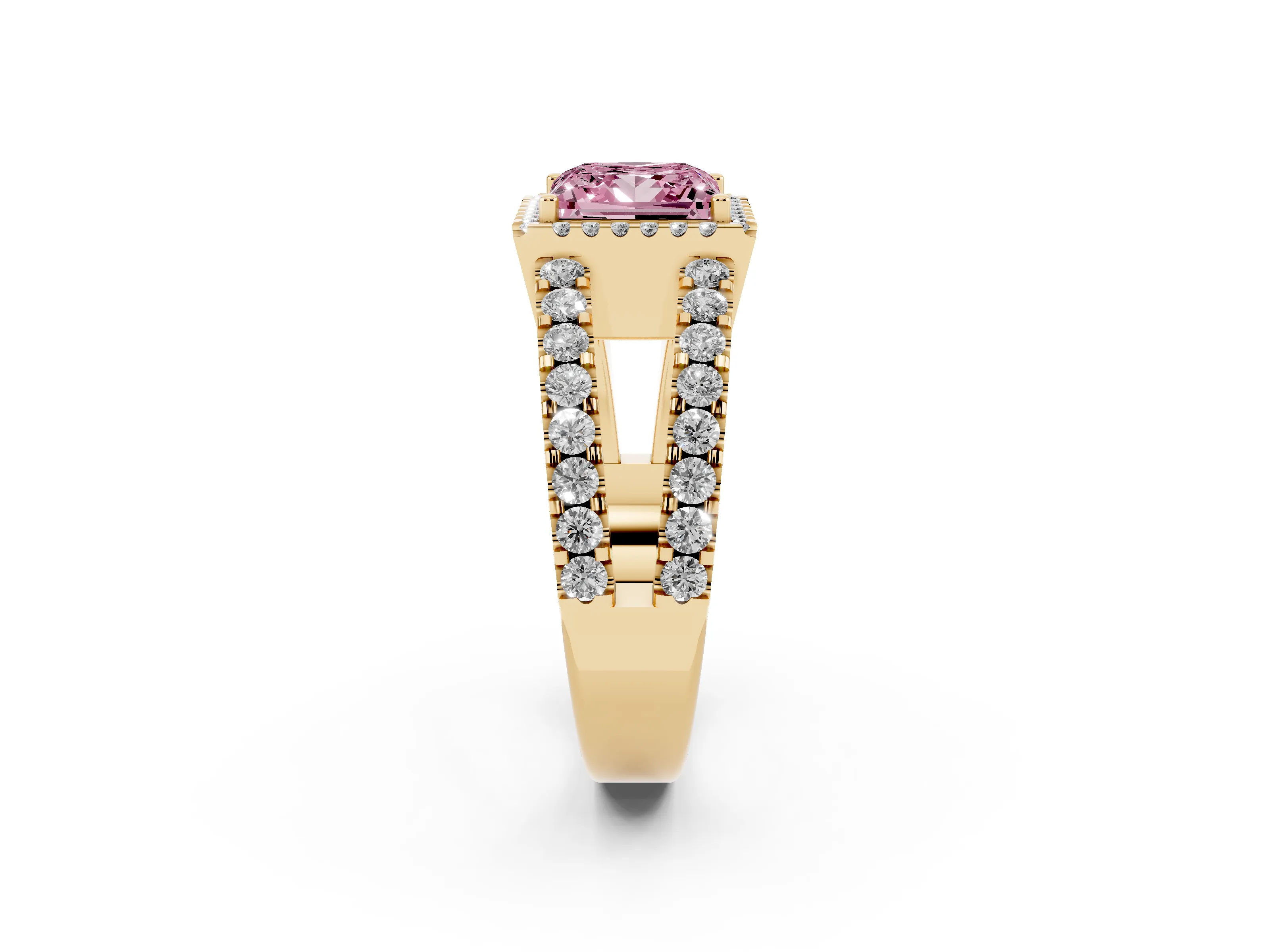 Fancy Pink Princess Cut Diamond Halo Ring Set in Yellow gold with Pavé Split Shank and Prong Setting