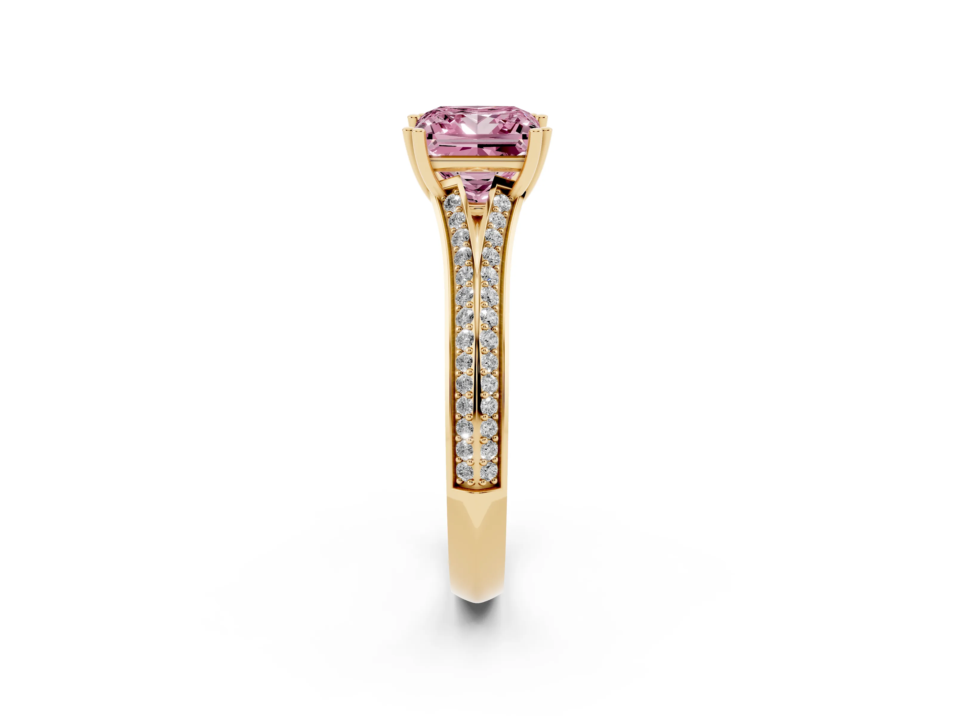 Fancy Pink Princess Cut Diamond Split Shank Pavé Engagement Ring Set in Yellow gold with Prong-Set Center Stone