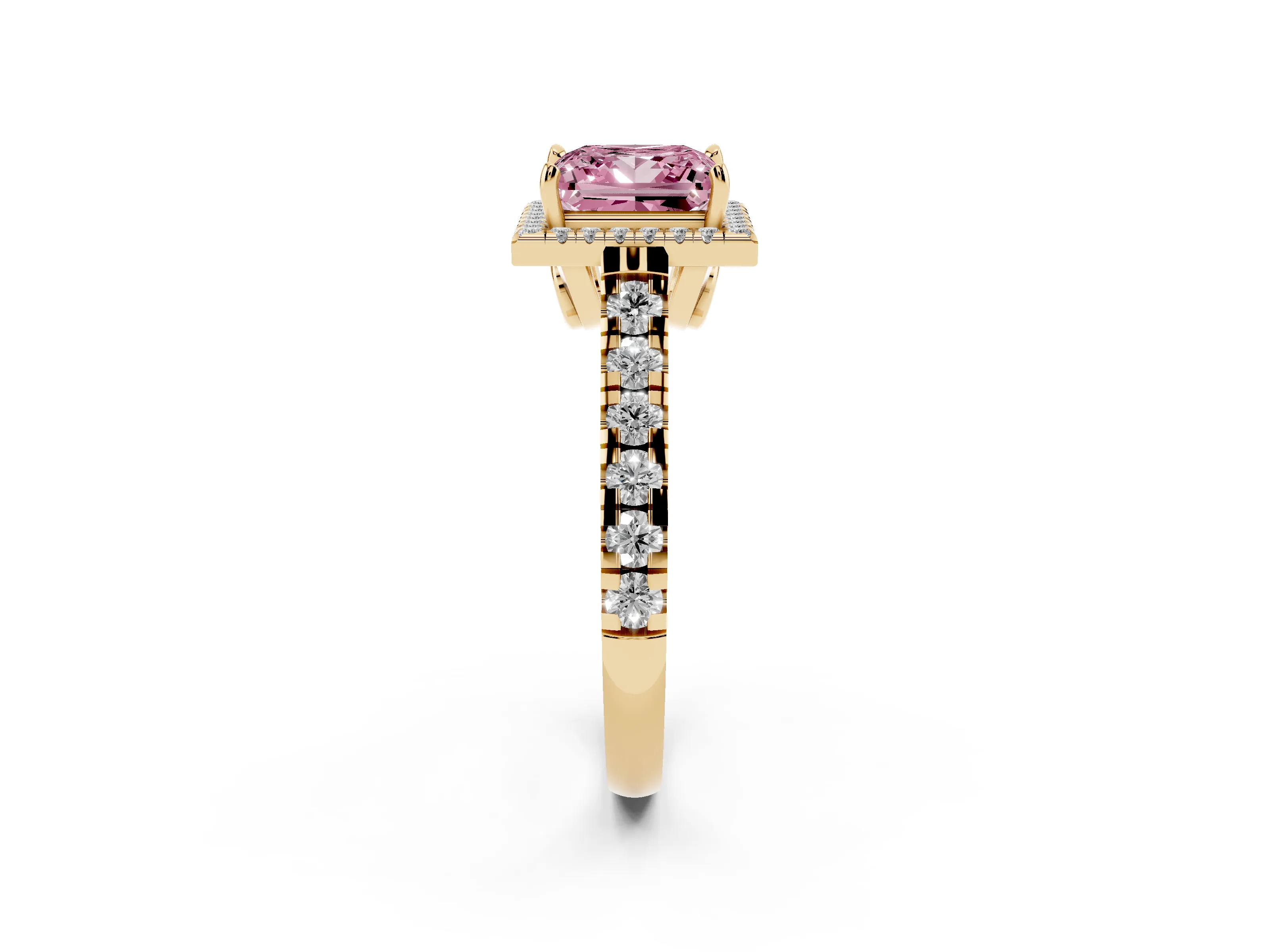 Fancy Pink Princess Cut Diamond Halo Engagement Ring Set in Yellow gold with Pavé Band and Prong-Set Center