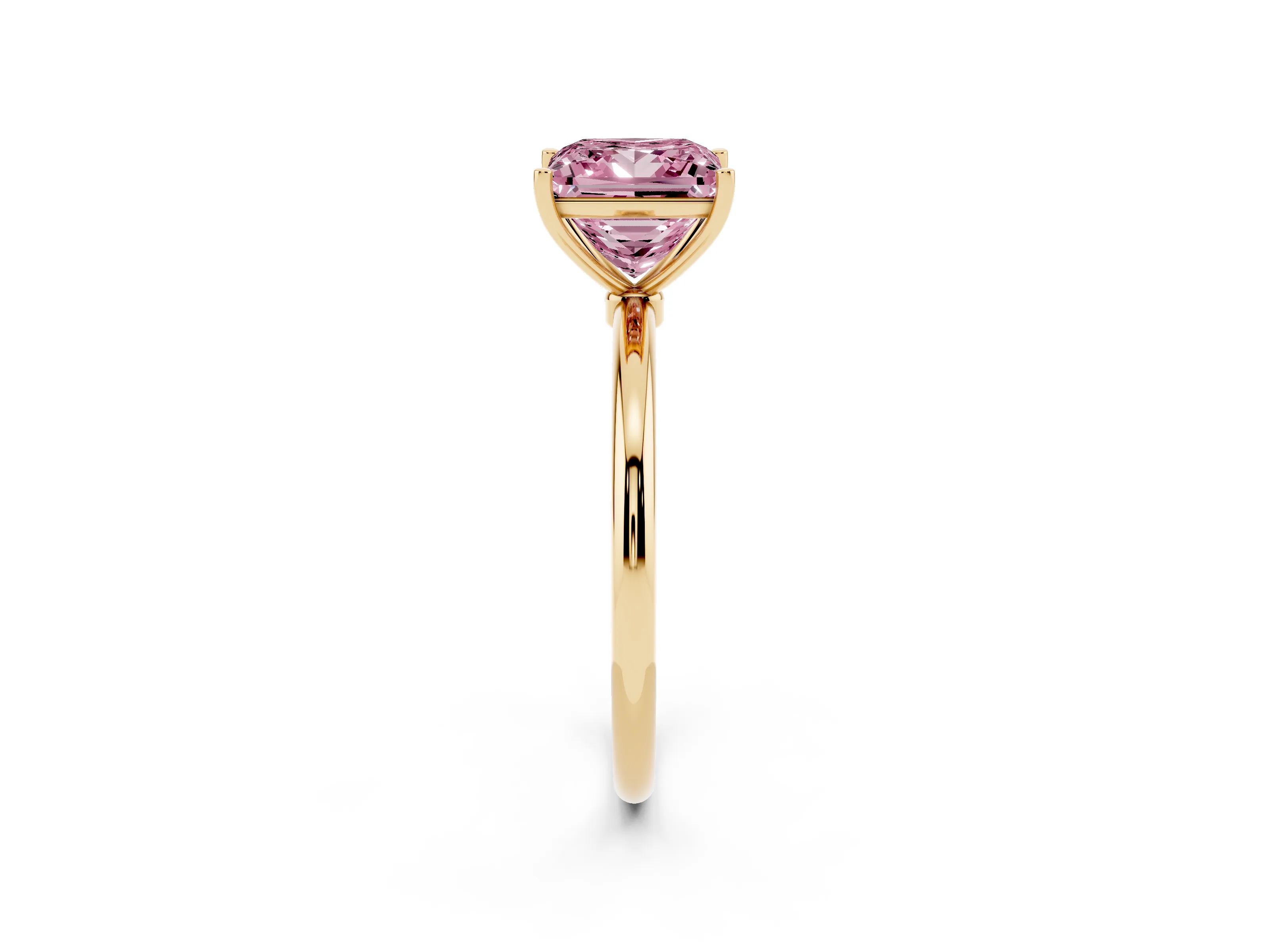 Fancy Pink Princess Cut Diamond Solitaire Engagement Ring Set in Yellow gold with Thin Band and Prong Setting