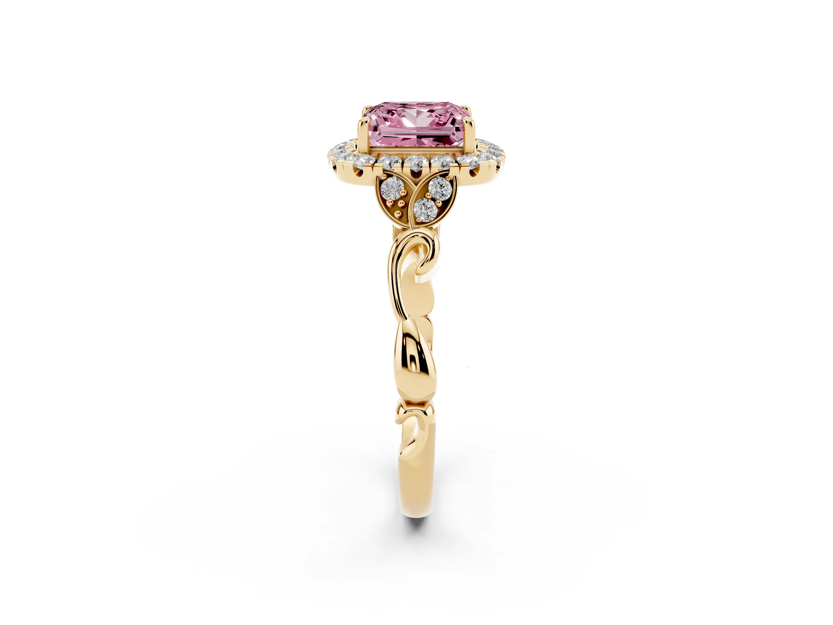 Fancy Pink Princess Cut Diamond Halo Engagement Ring Set in Yellow gold with Vintage-Inspired Band and Prong Setting
