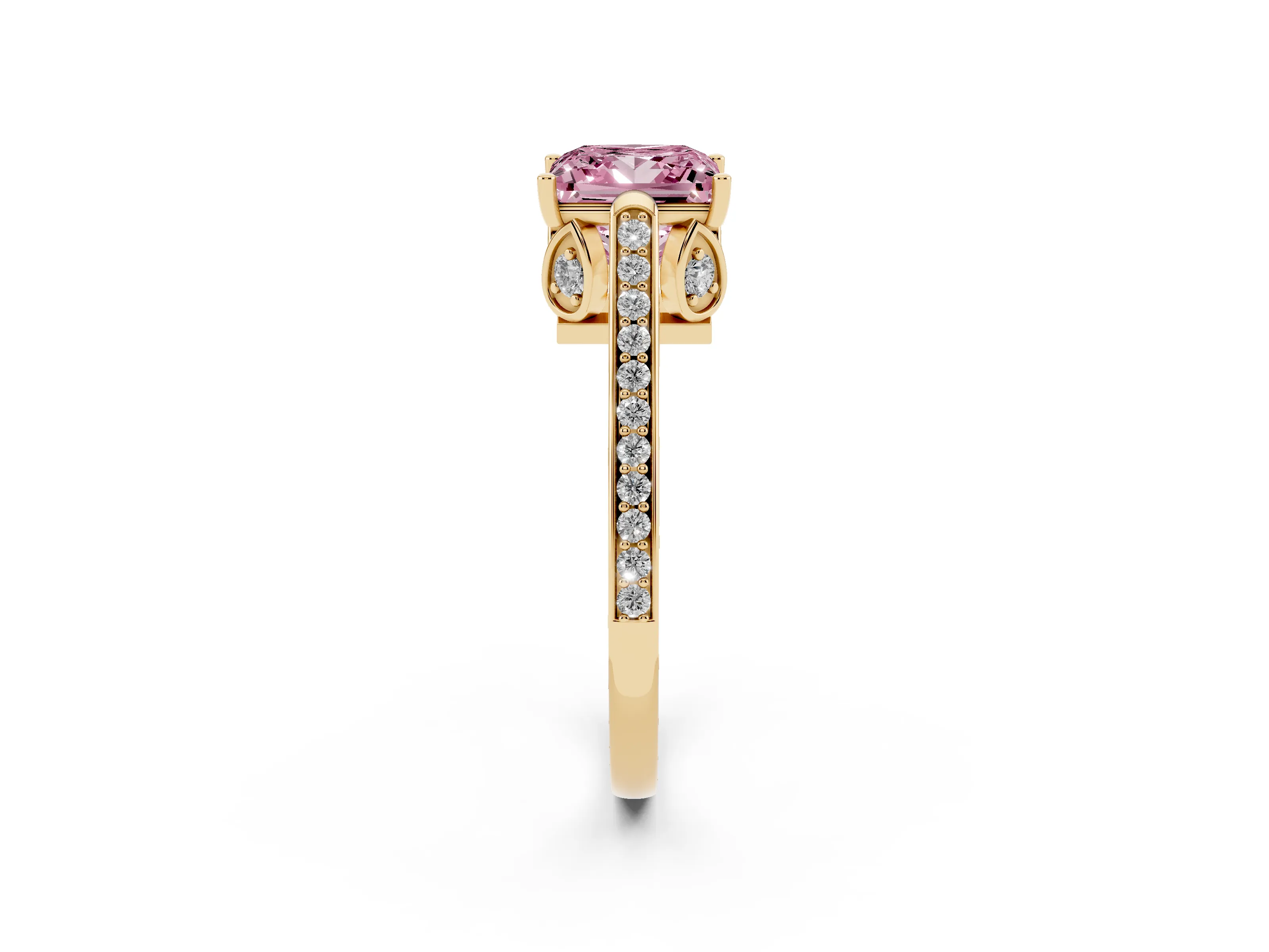 Fancy Pink Princess Cut Diamond Cathedral Pavé Engagement Ring Set in Yellow gold with Prong Setting