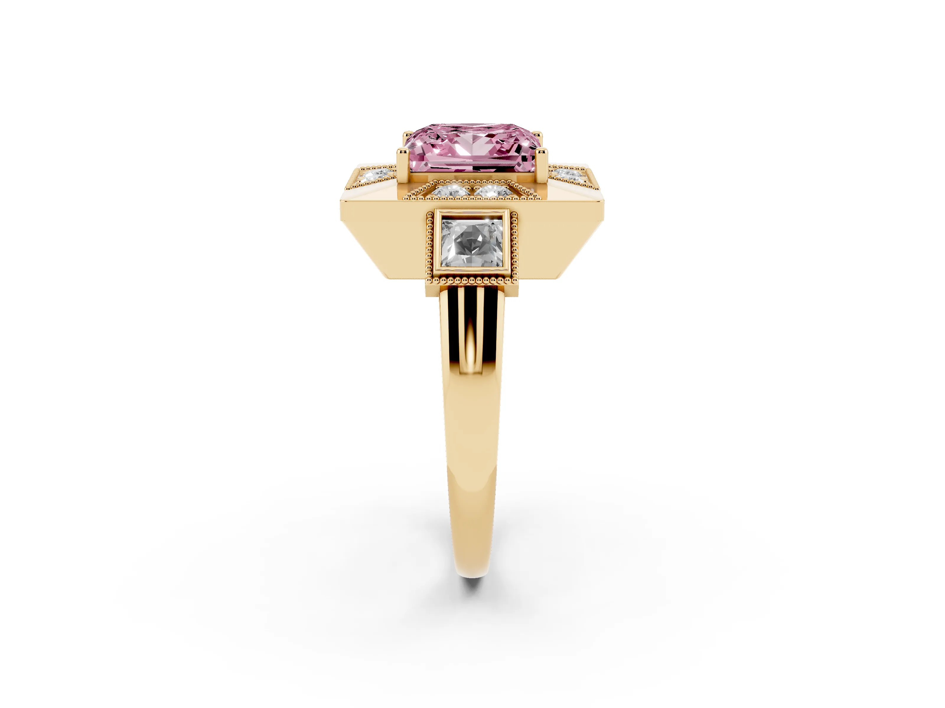 Fancy Pink Princess Cut Diamond Milgrain Halo Ring Set in Yellow gold with Split Shank