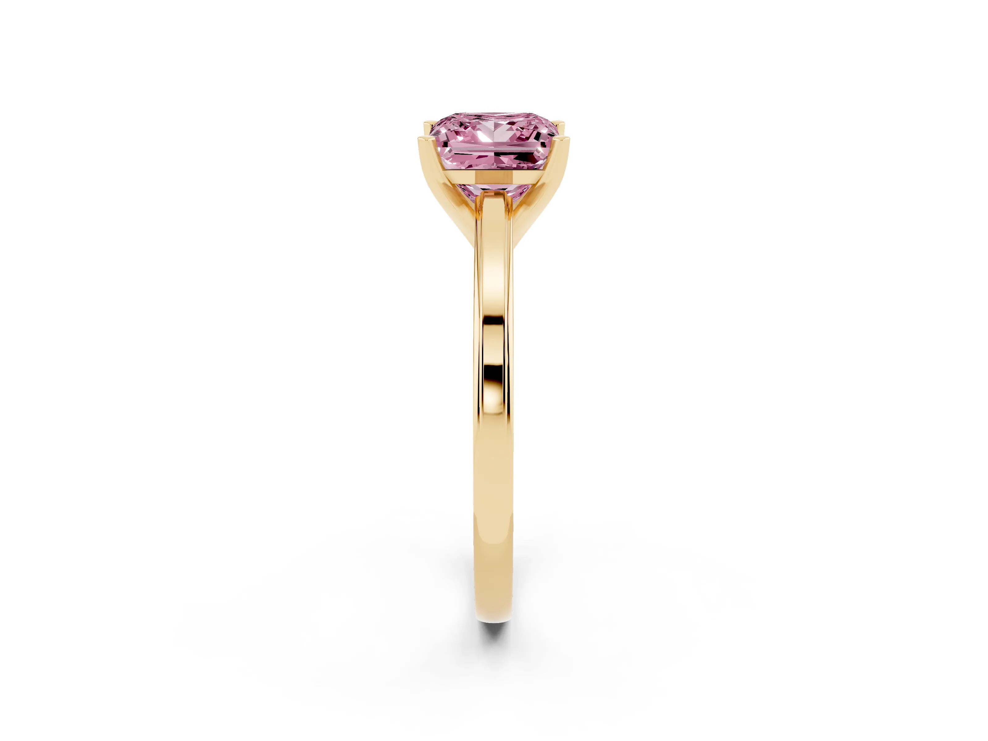 Fancy Pink Princess Cut Diamond Solitaire Ring Set in Yellow gold with Prong Setting and Classic Band